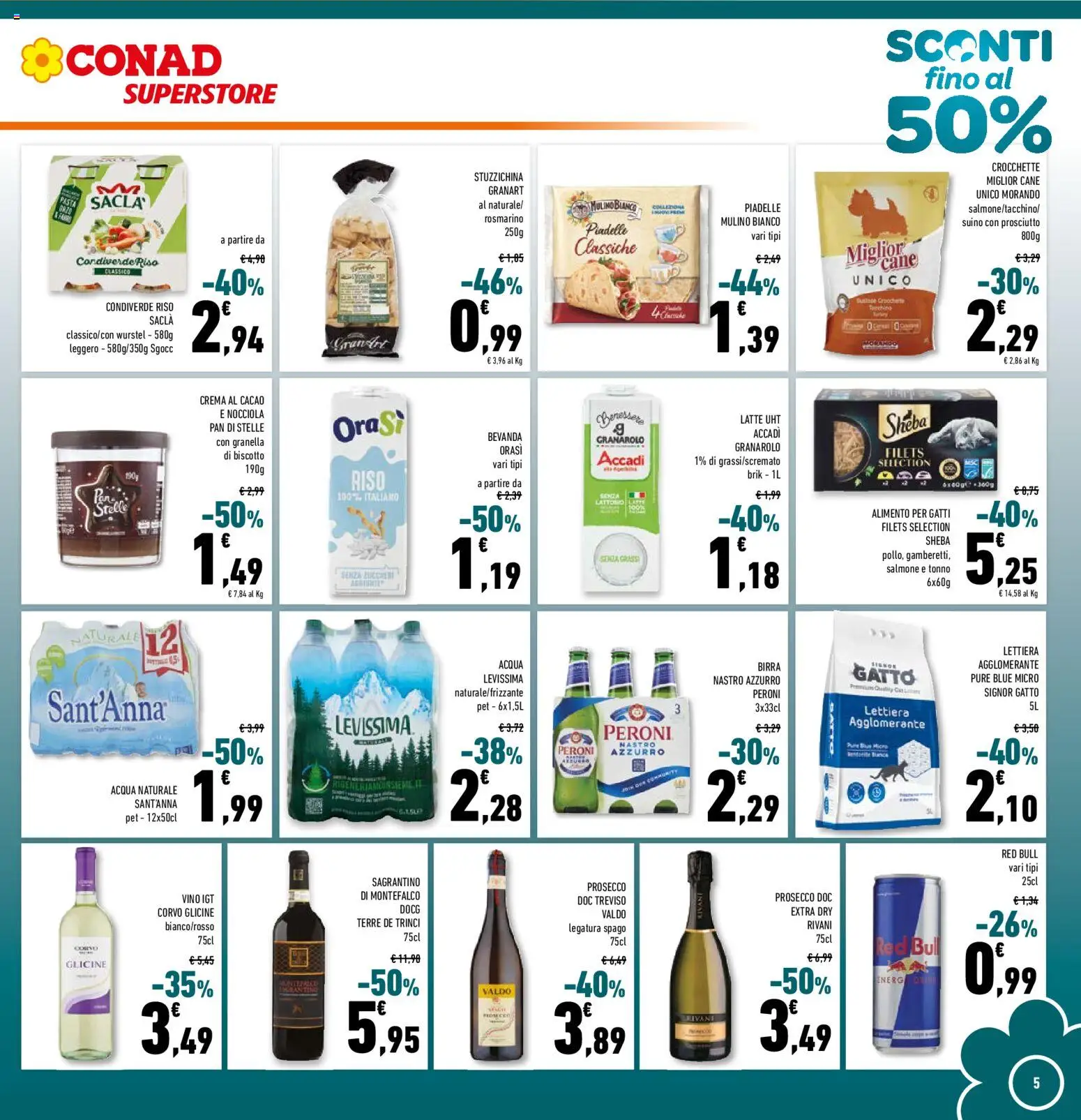 Volantino Conad del 29/07/2026 | Pagina: 5 | Prodotti: Birra, Wurstel, Acqua naturale, Cacao
