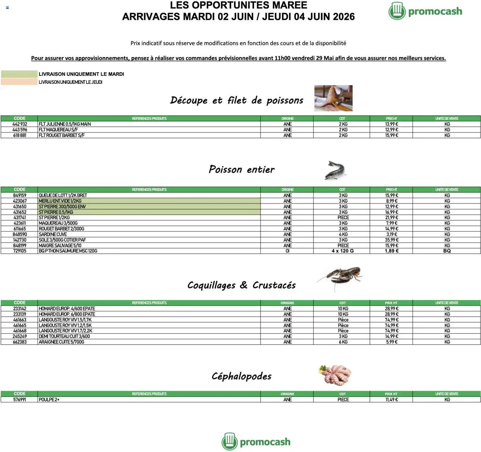 {H1} | Page: 1 | Produits: Tourteau cuit, Sardine, Langouste, Homard