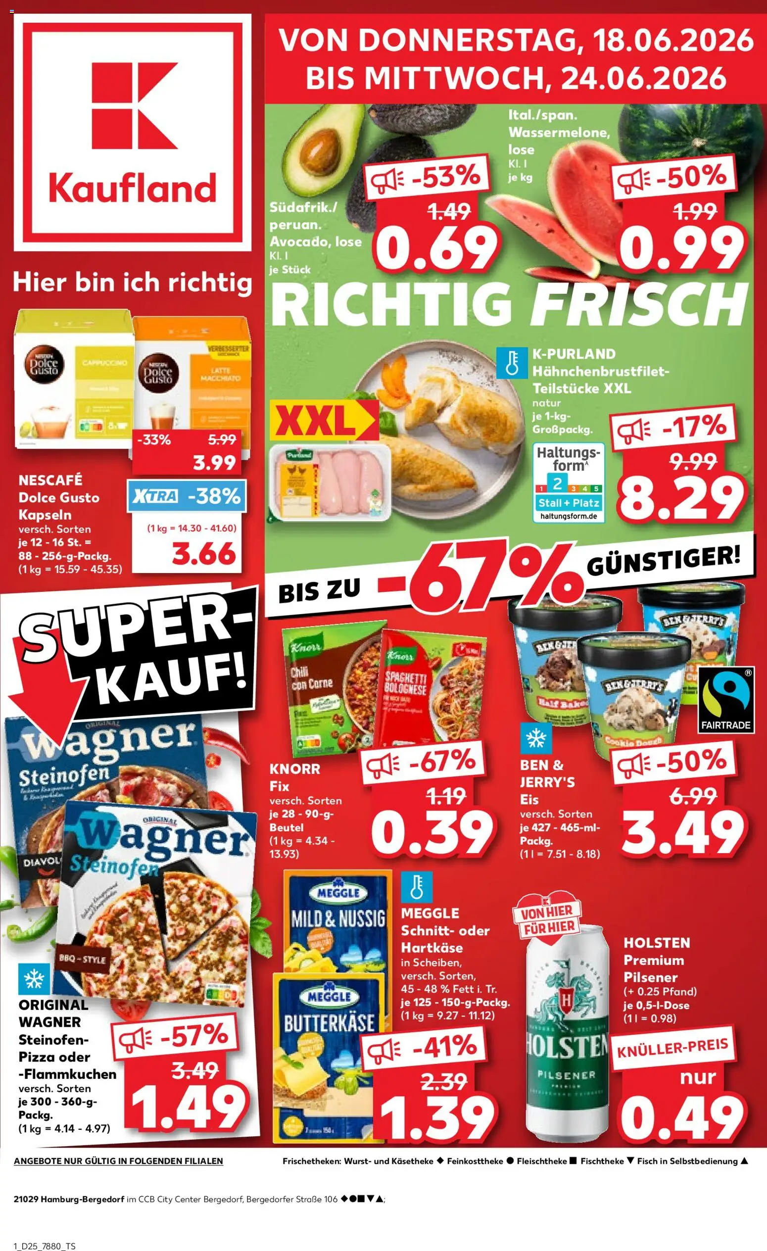 Kaufland Německo leták - Hamburg od 18.06.2026 | Strana: 1 | Produkty: Pizza, Knorr, Forma, Nescafé