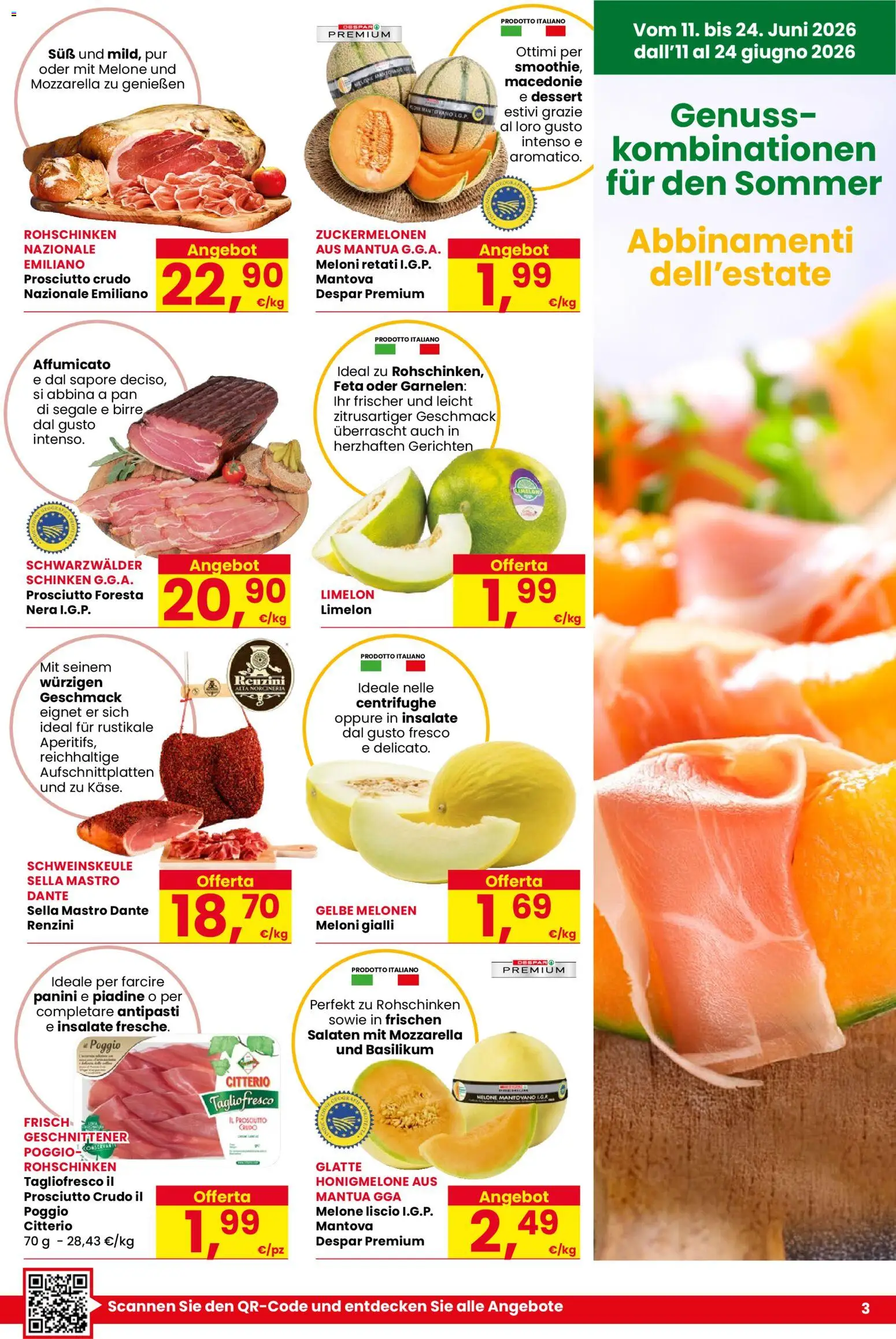 Volantino Despar del 11.06.2026 | Pagina: 3 | Prodotti: Mozzarella, Prosciutto, Melone, Feta