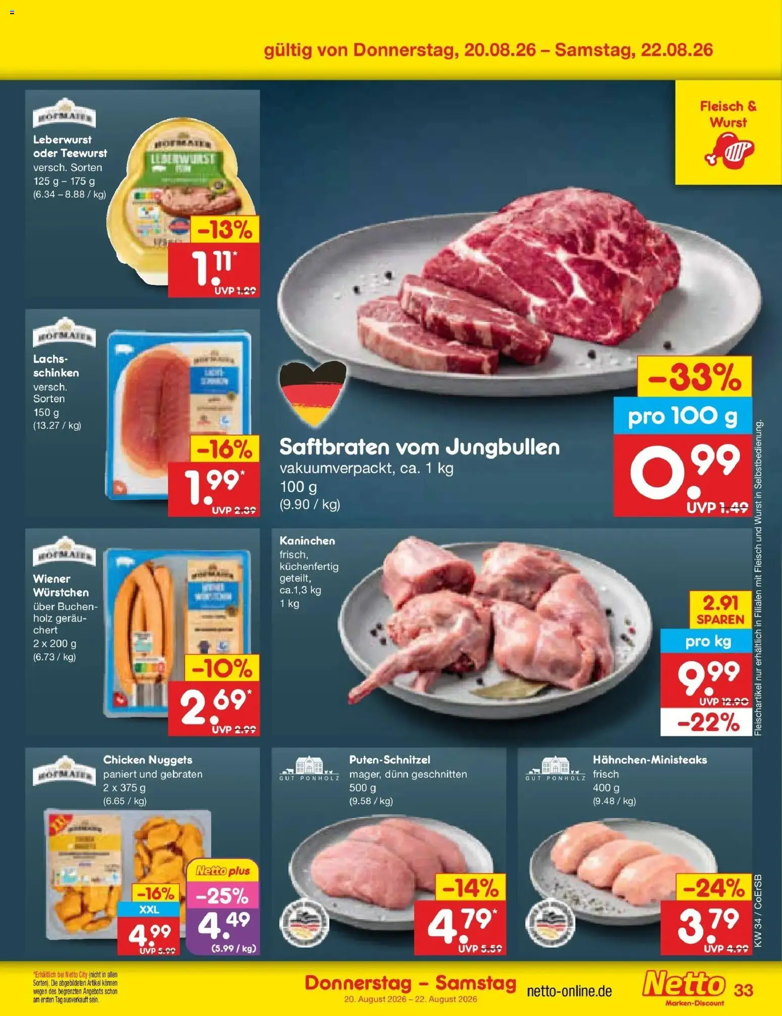 Netto Marken-Discount Prospekt Nordhausen – gültig ab 17.08.2026 | Seite: 49 | Produkte: Kaninchen, Putenschnitzel, Wurst, Fleisch