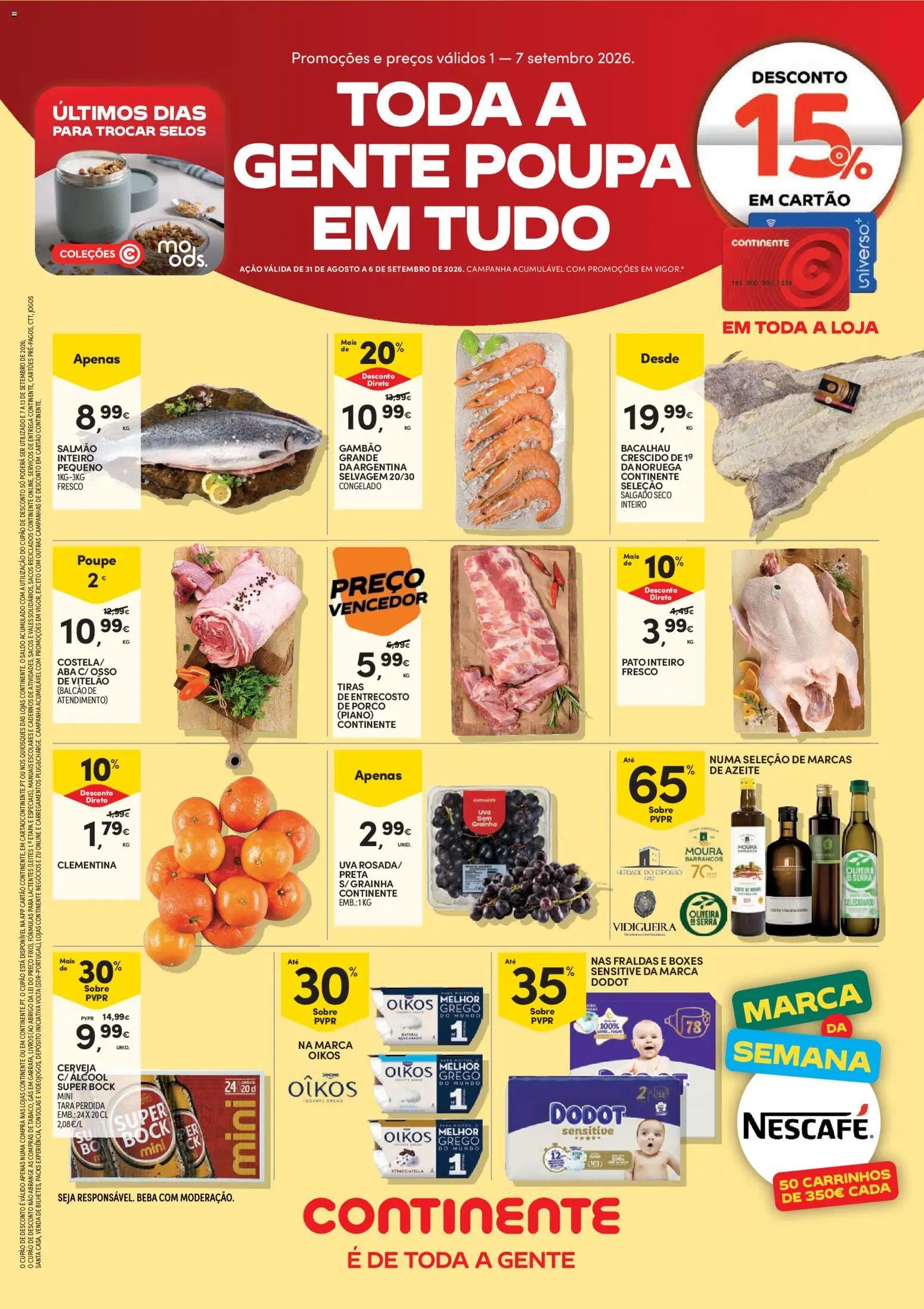 Continente Semanal Continente Bom Dia │ válido de 01/09/2026 | Página: 1 | Produtos: Fraldas, Cadernos, Super bock, Salmão