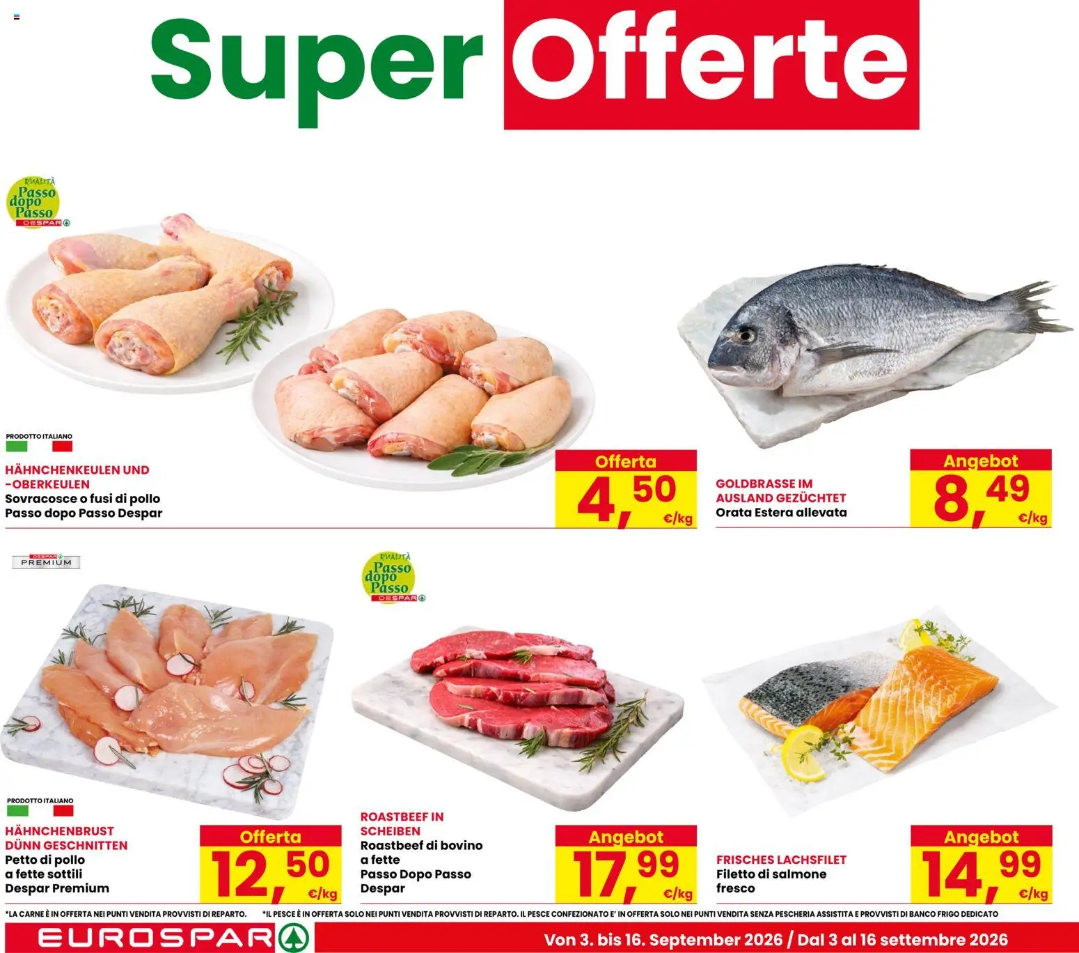 Volantino Eurospar del 03/09/2026 | Pagina: 4 | Prodotti: Bovino, Pollo, Orata, Carne