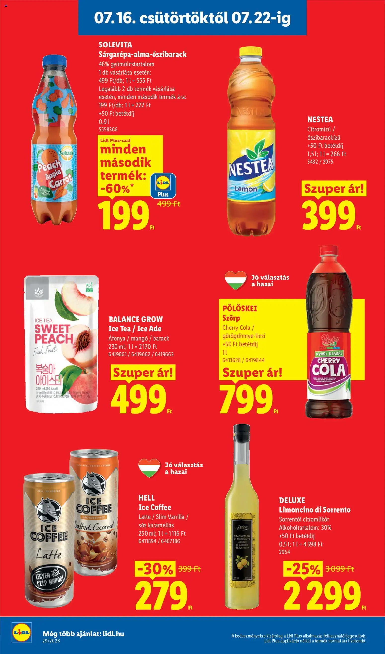 Lidl akciós ujság - amely érvényes a következő dátumtól: 2026.07.16. | Oldal: 20 | Termékek: Solevita, Ice tea, Cola, Nestea