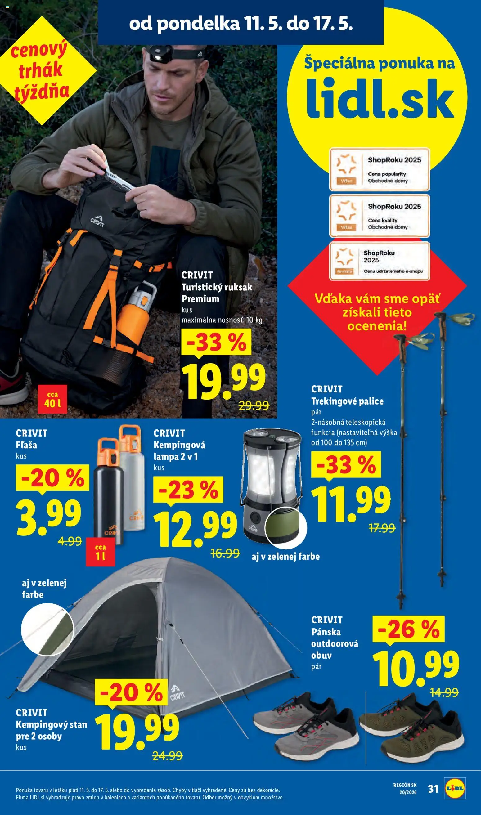 Nové Lidl akcie – leták je platný od 11.05.2026 | Strana: 8 | Produkty: Lampa, Stan, Ruksak