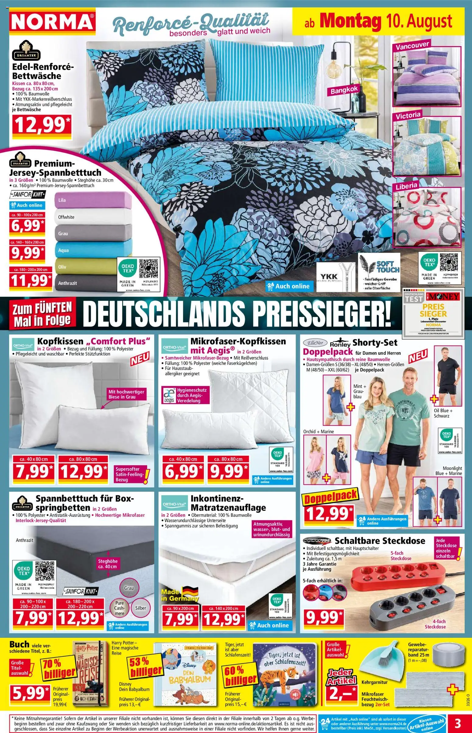Norma Prospekt – gültig ab 10.08.2026 | Seite: 3 | Produkte: Kissen, Steckdose, Box, Bettwäsche