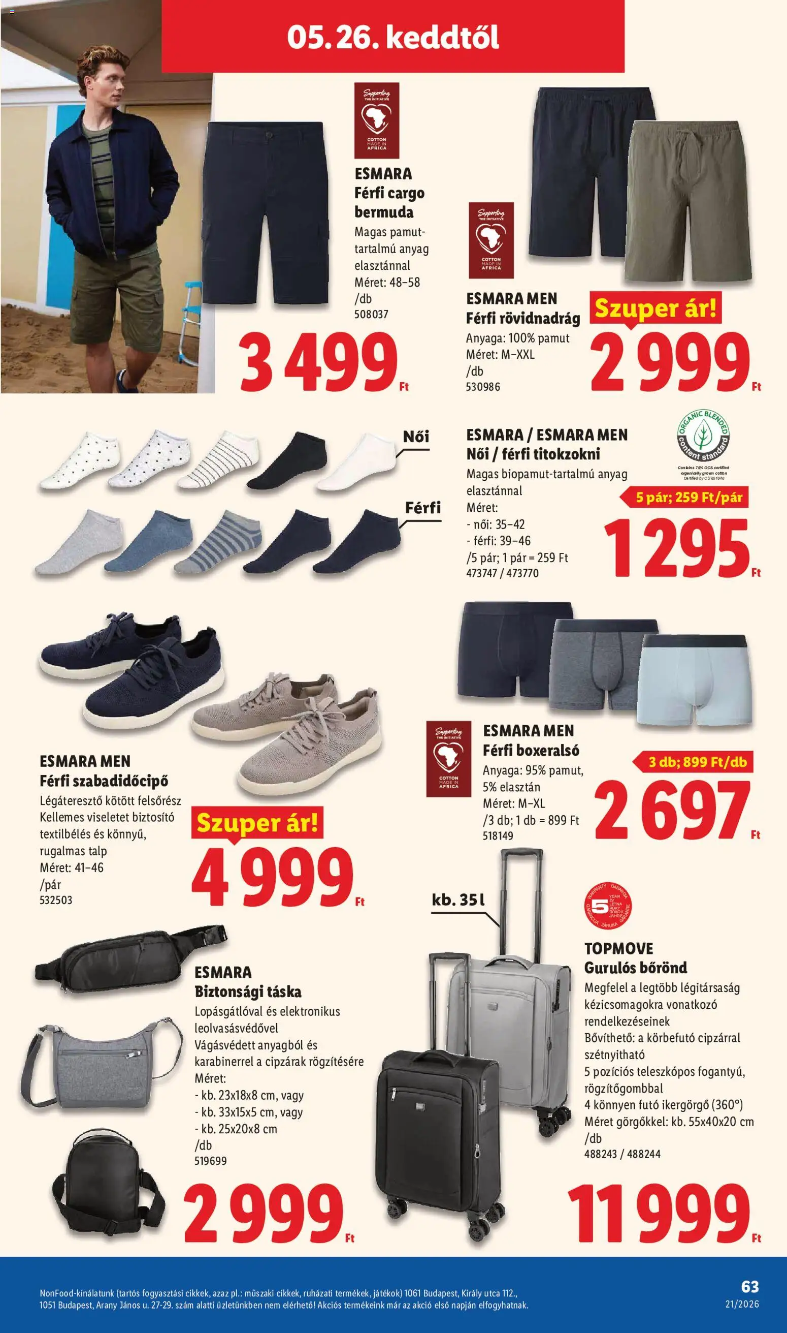 Lidl akciós ujság - amely érvényes a következő dátumtól: 21.05.2026 | Oldal: 63 | Termékek: Bőrönd, Titokzokni, Játékok, Rövidnadrág