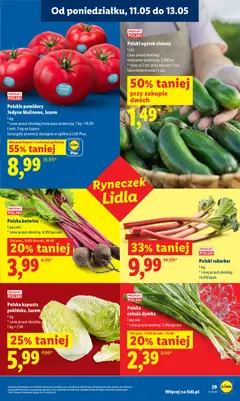Pogląd oferty "Polskie pomidory Jedyne Malinowe, luzem, 1 kg * cena przed obniżką/cena poza promocją: 1 kg = 19,99 Limit: 3 kg na kupon." - ważna od 11.05.2026 | Strona: 29 | Produkty: Kapusta, Pomidory