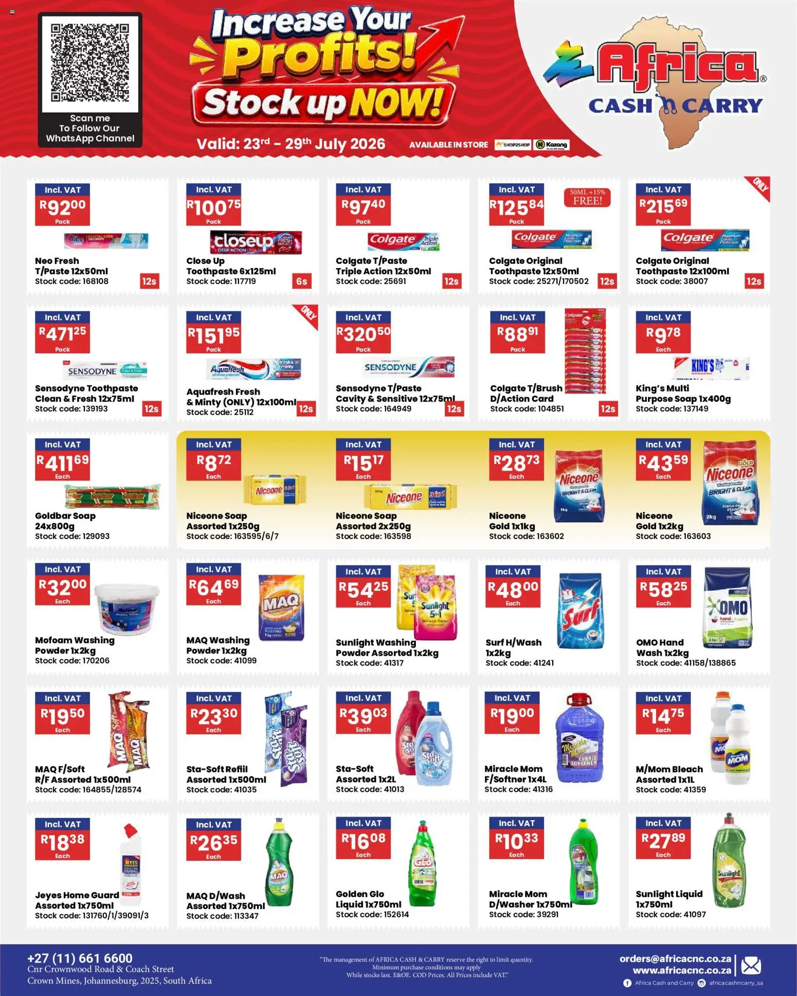 New Africa Cash & Carry catalogue – valid from 23/07/2026 | Page: 16 | Products: Stock, Soap, Toothpaste, Washing powder