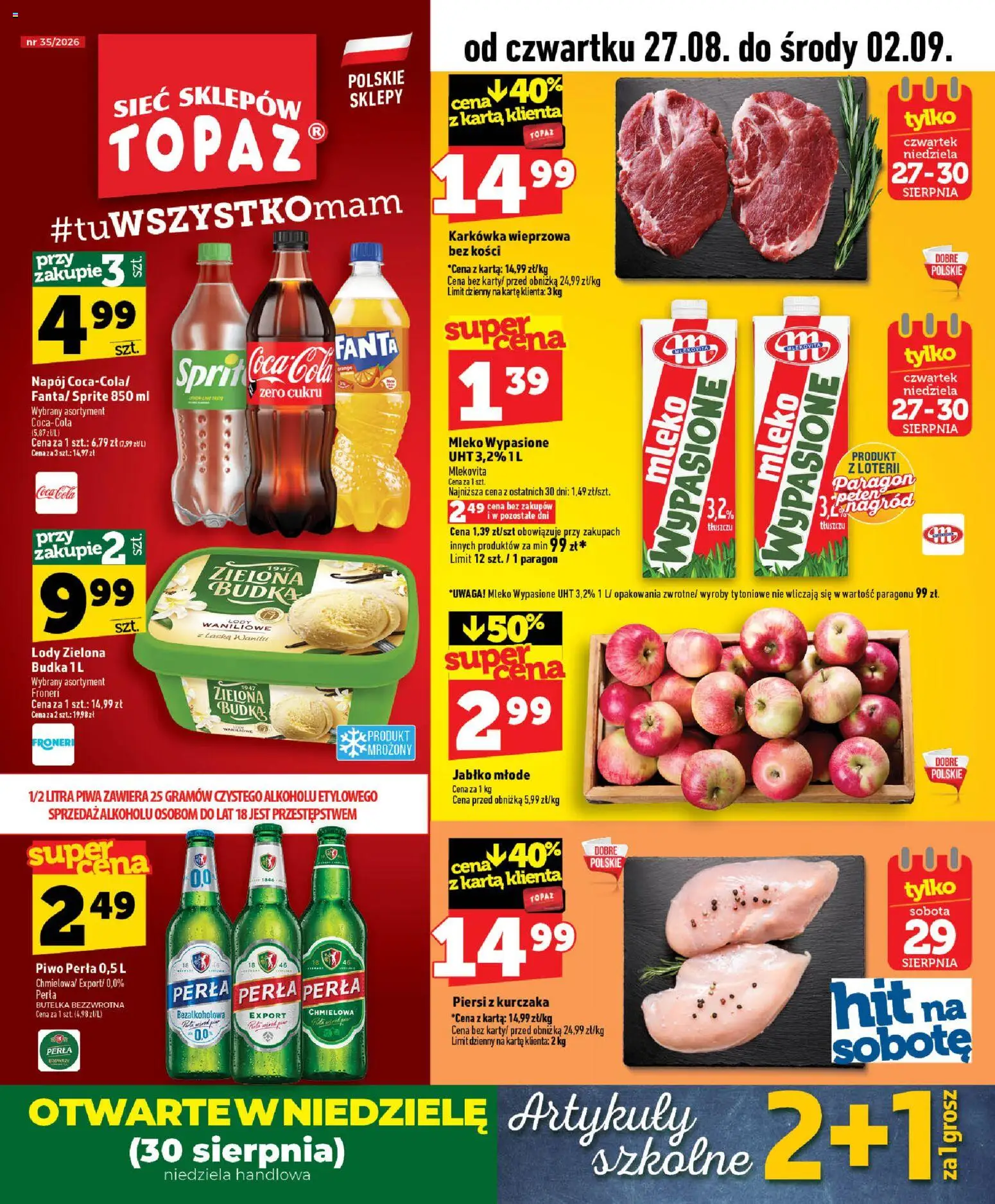Topaz gazetka - MAZ od 27.08.2026 | Strona: 1 | Produkty: Karkówka, Piersi, Mleko, Lody