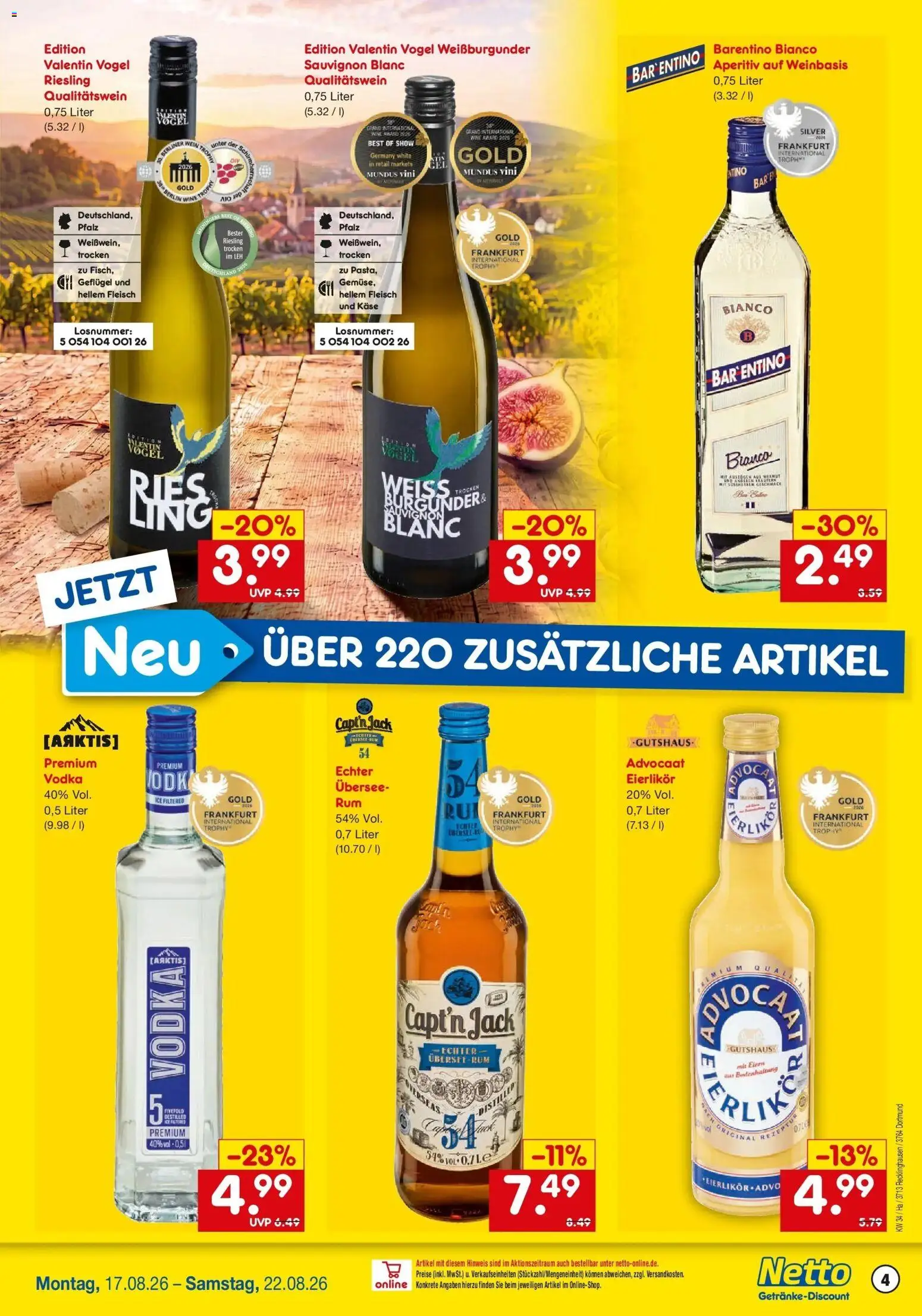 Netto Marken-Discount Prospekt Dortmund – gültig ab 17.08.2026 | Seite: 4 | Produkte: Käse, Rum, Vodka, Fleisch