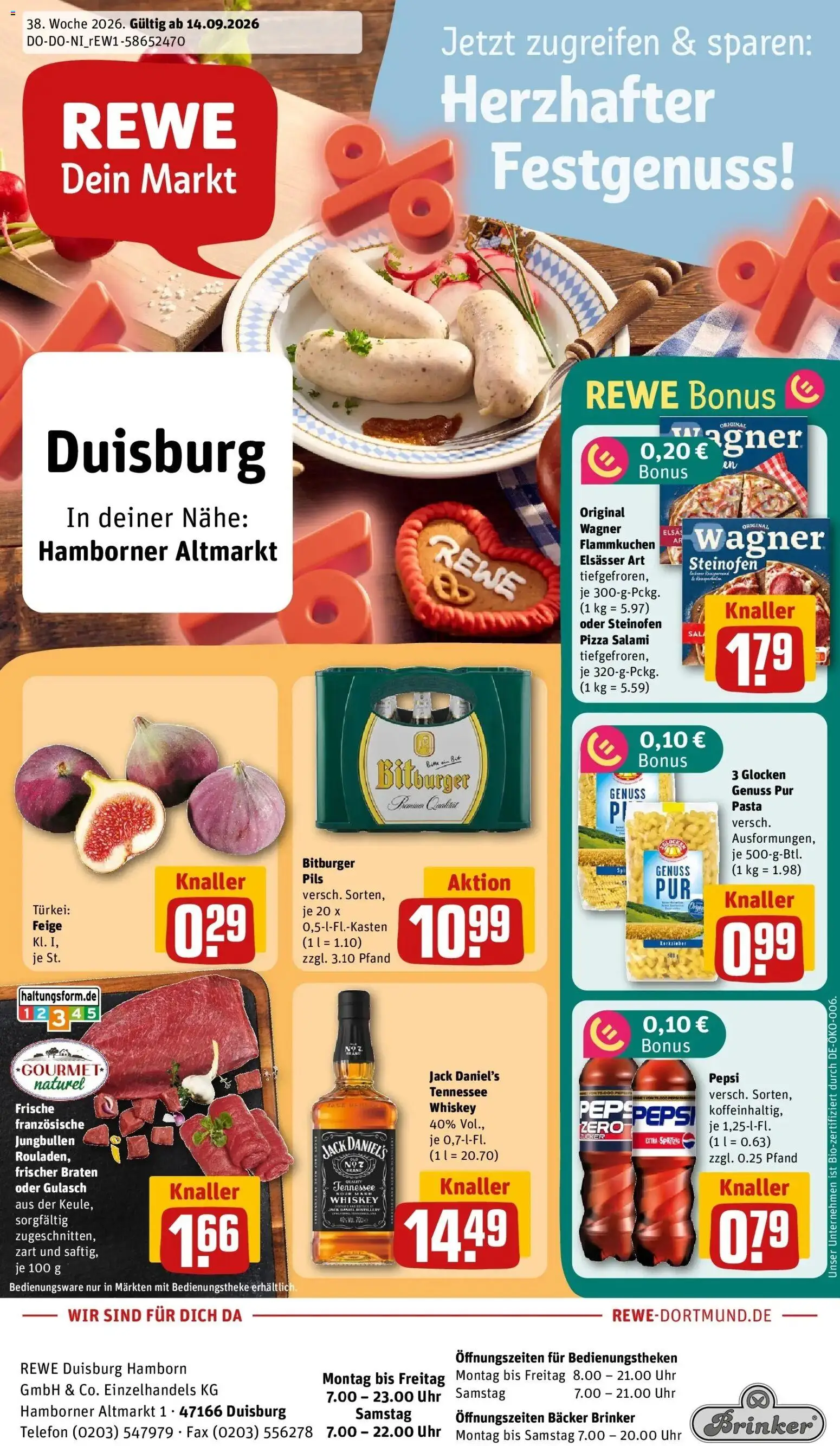 REWE Prospekt ab 14.09.2026 zum Blättern » Angebote | Seite: 1 | Produkte: Bitburger, Jack Daniel's, Whiskey, Telefon