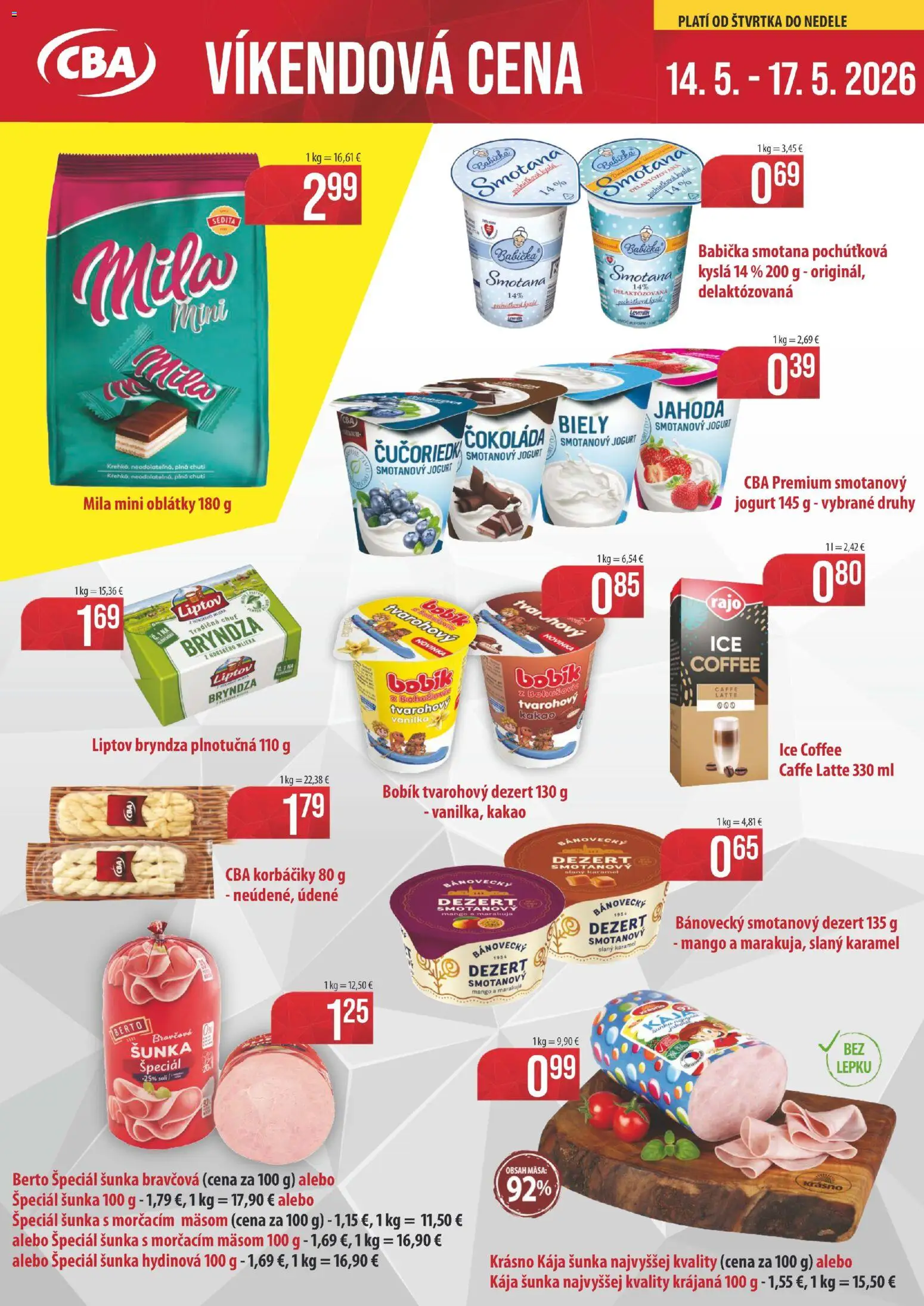 Nové CBA Komfos akcie – leták je platný od 14.05.2026 | Strana: 1 | Produkty: Šunka, Smotana, Mila, Mango