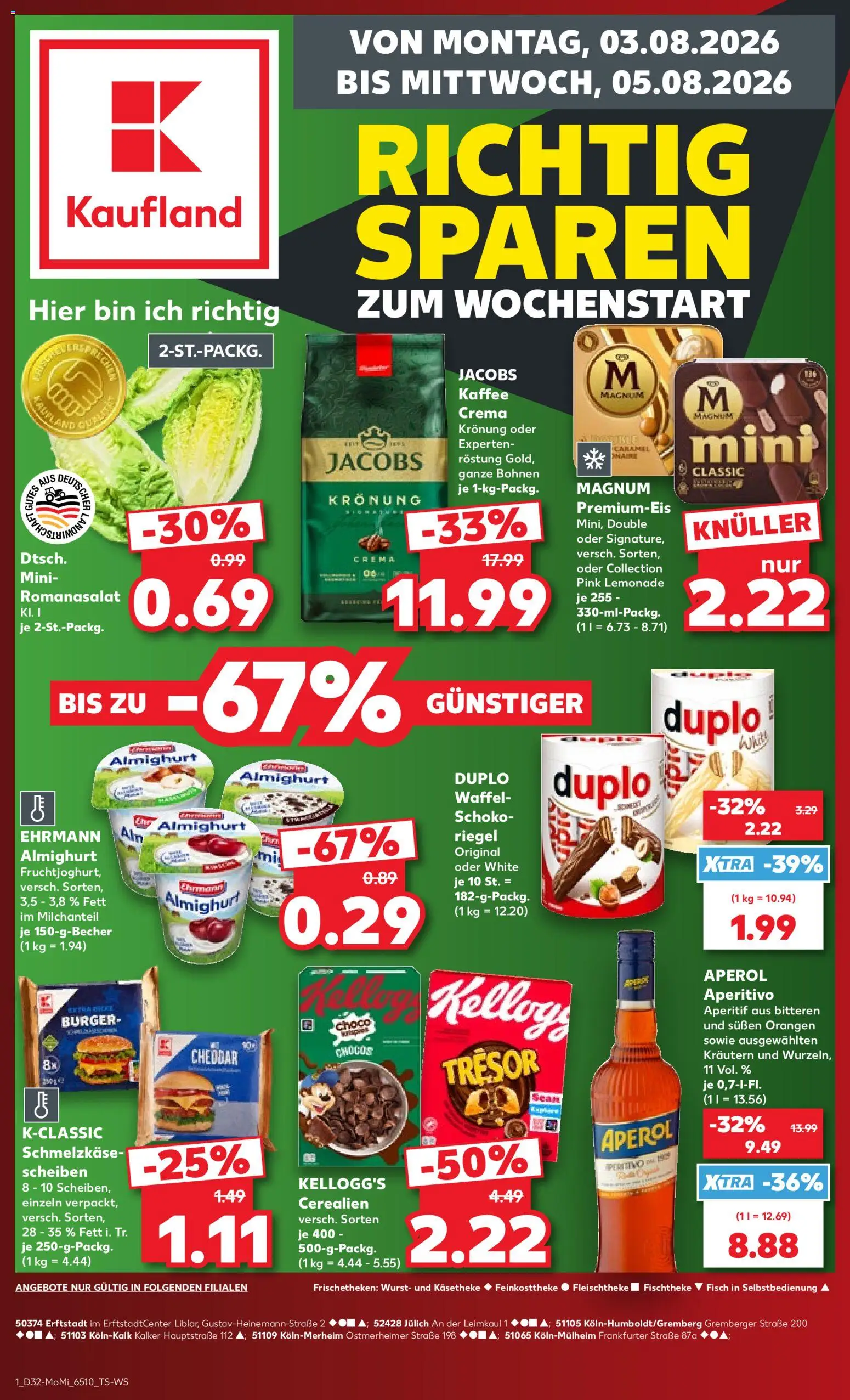 Kaufland Německo leták - Köln od 03.08.2026 | Strana: 1 | Produkty: Burger, Magnum, Jacobs, Cheddar