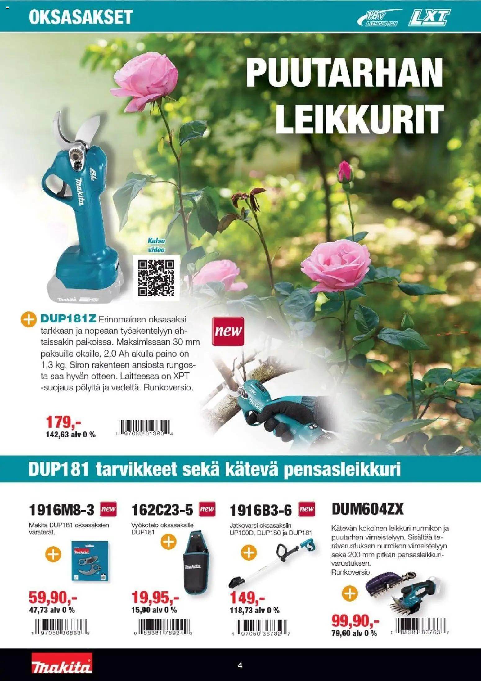 Makita tarjoukset - LXT Puutarha 2026 – voimassa 07.04.2026 alkaen | Sivu: 4 | Tuotteet: Leikkuri, Oksasakset, Pensasleikkuri, Video