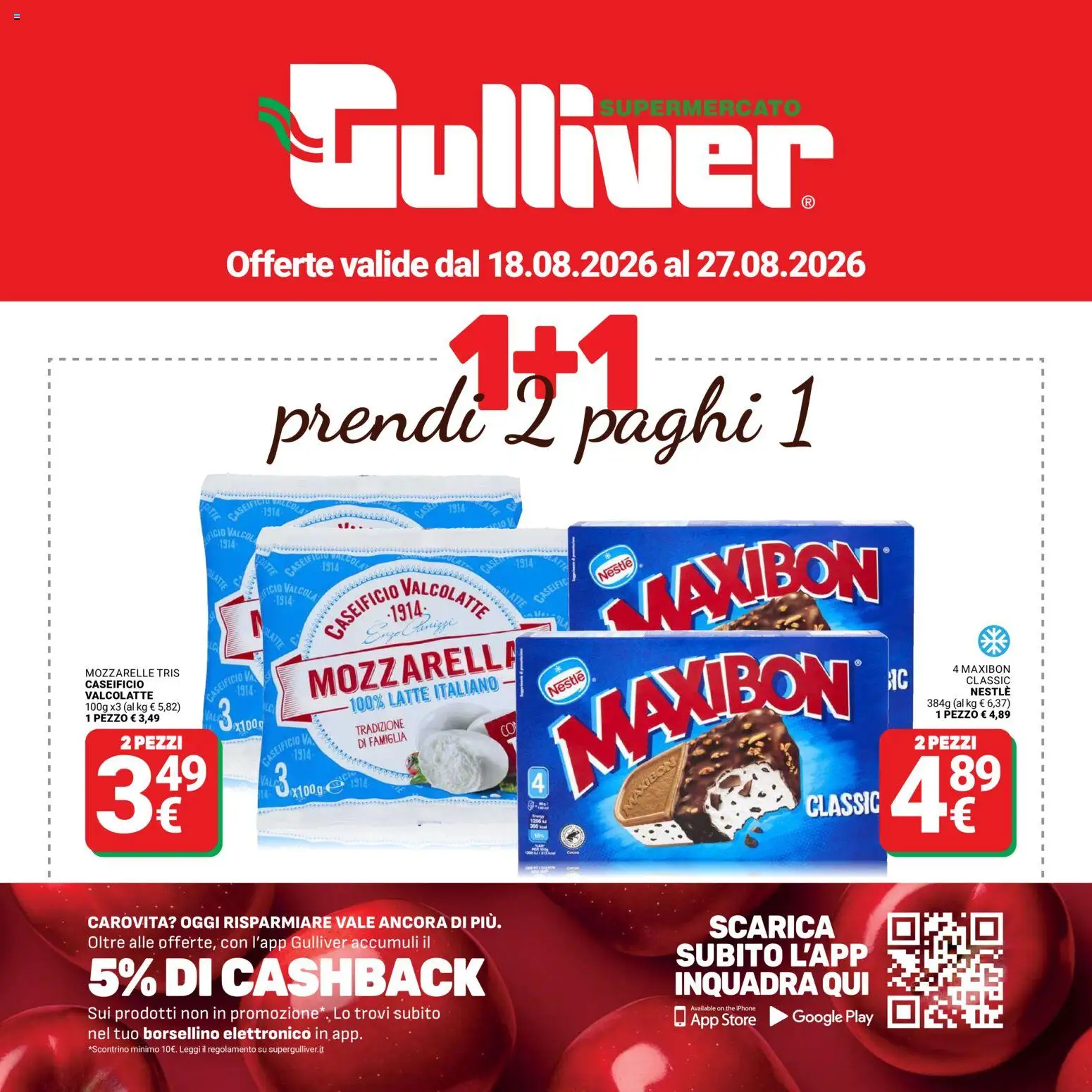Volantino Gulliver del 18/08/2026 | Pagina: 1 | Prodotti: Iphone, Mozzarella, Latte, The