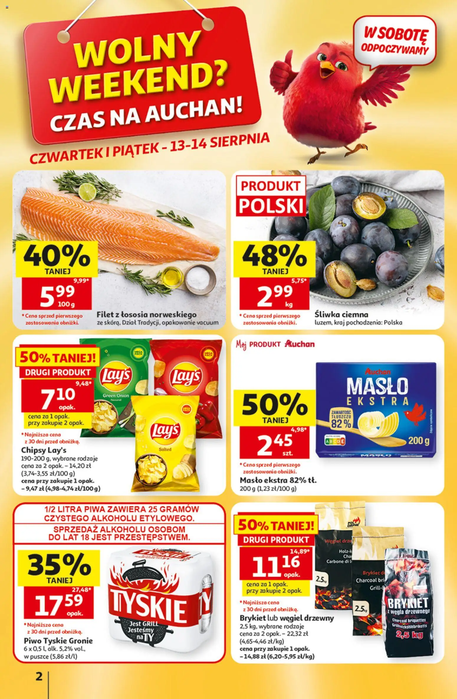 Auchan gazetka od 13.08.2026 | Strona: 2 | Produkty: Piwo tyskie, Węgiel drzewny, Filet, Filet z łososia