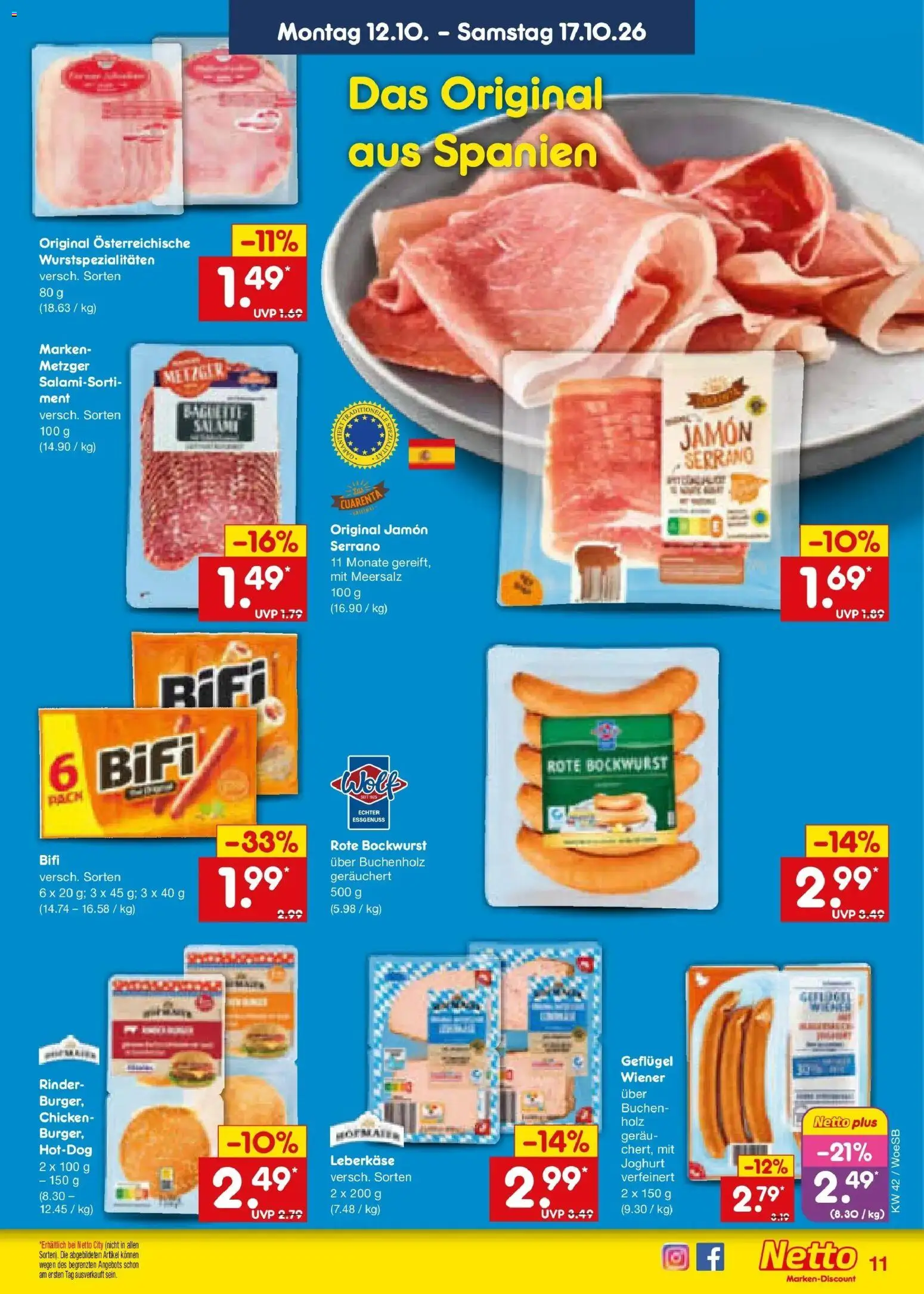 Netto Marken-Discount Prospekt Gemmingen (ab 12.10.2026) » Angebote | Seite: 13 | Produkte: Bockwurst, Joghurt, Bifi, Leberkase
