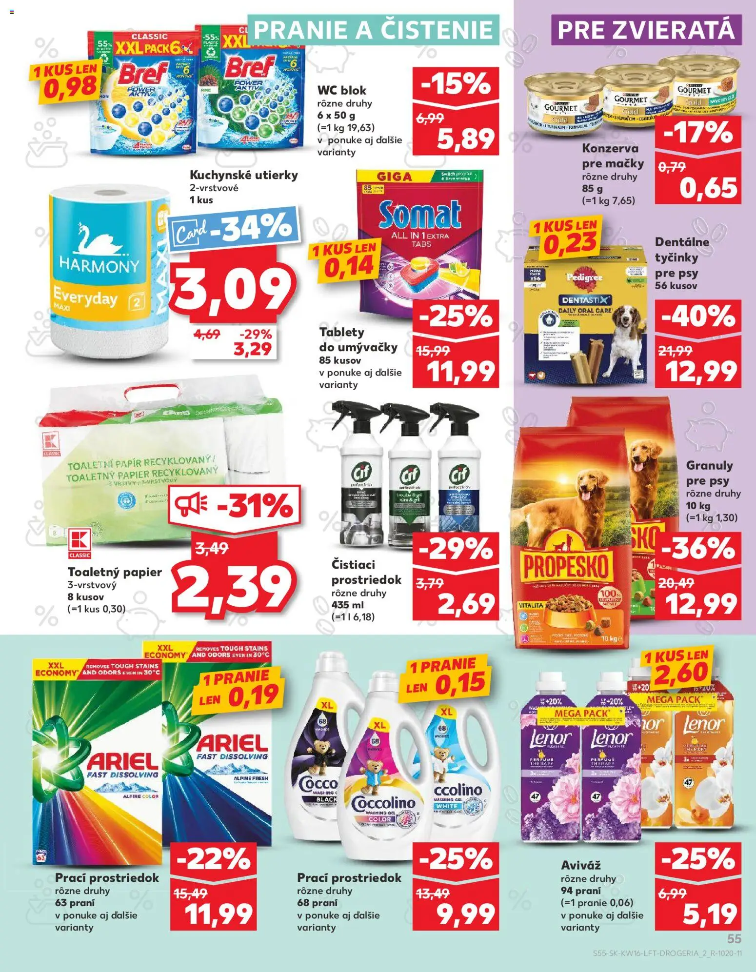Nové Kaufland akcie – leták je platný od 16.04.2026 | Strana: 55 | Produkty: Toaletný papier, Čistiaci prostriedok, Coccolino, Lenor