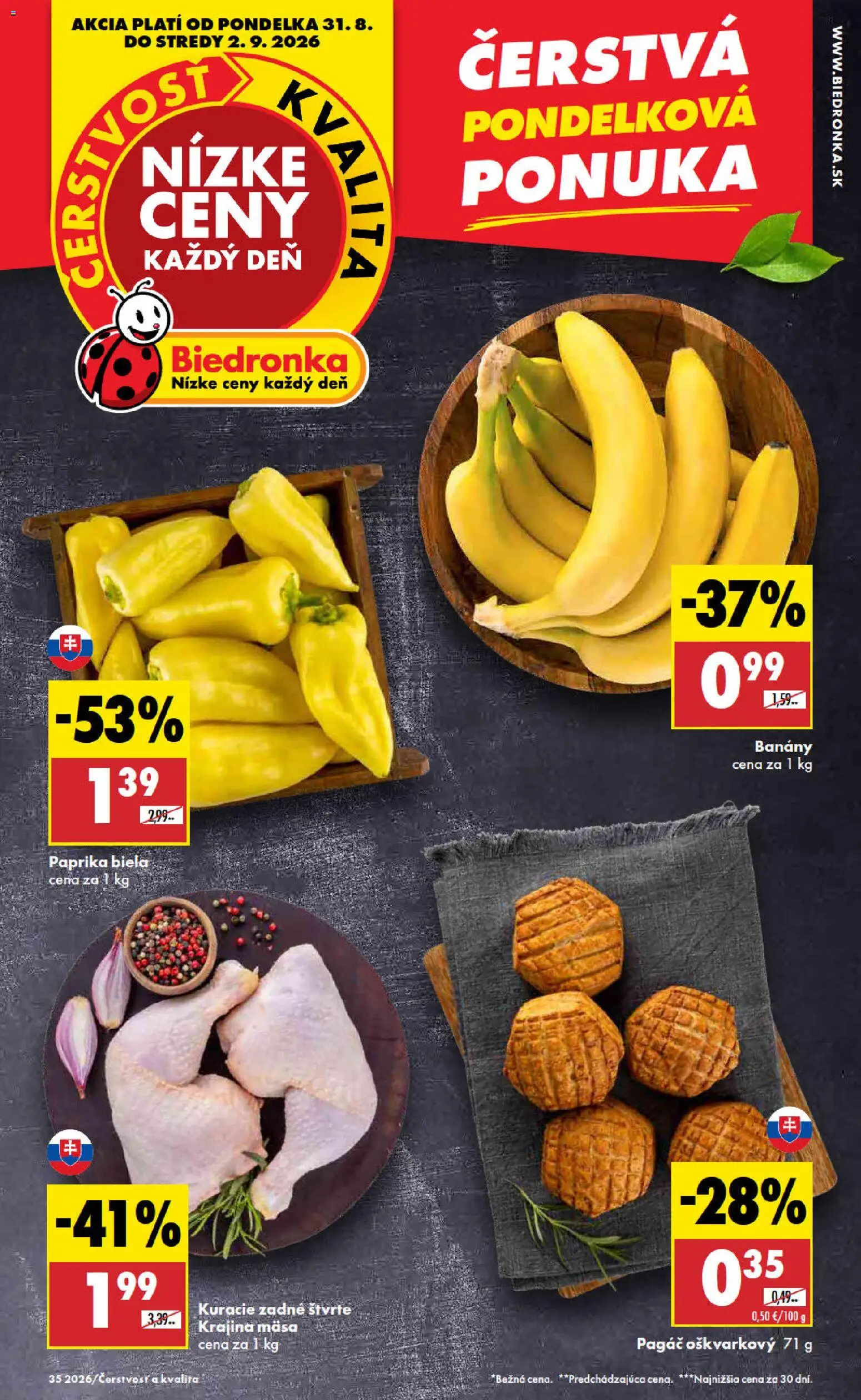Nové Biedronka akcie – leták je platný od 31.08.2026 | Strana: 1 | Produkty: Paprika, Banány, Biela paprika