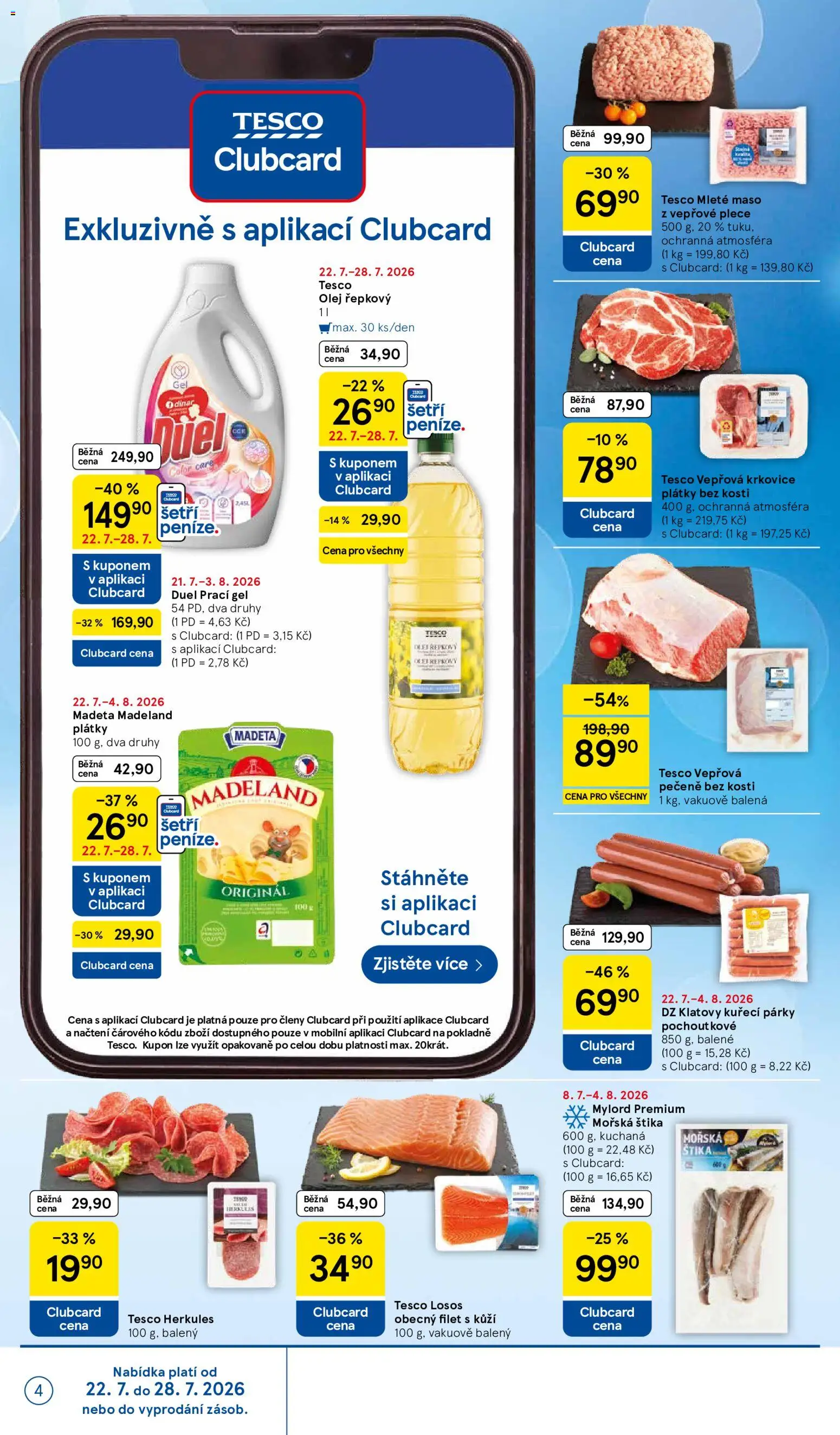 Tesco leták - Supermarket od 22.07.2026 | Strana: 4 | Produkty: Prací gel, Vepřová pečeně, Párky, Mleté maso