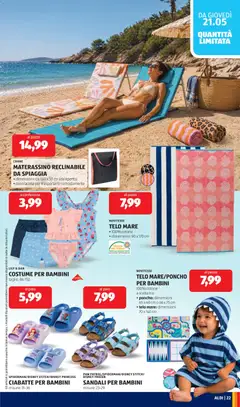 Anteprima del volantino TELO MARE/PONCHO PER BAMBINI, 100% cotone a scelta tra: • poncho: dimensioni 65 x 60 cm o 66 x 75 cm • telo mare: dimensioni 70 x 140 cm valido a partire dal 18.05.2026 | Pagina: 23 | Prodotti: Sandali, Ciabatte