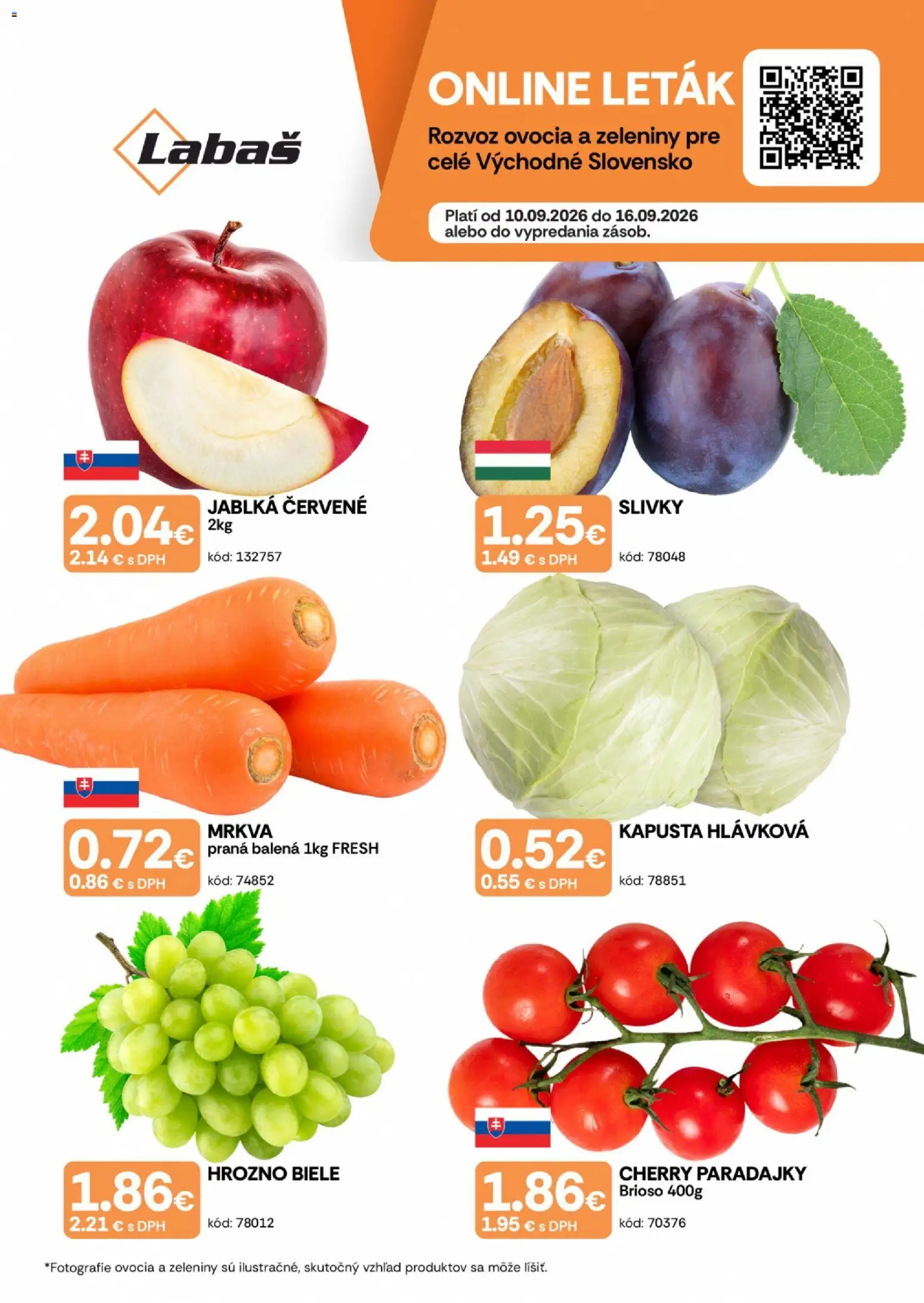 Nové Labaš akcie – leták je platný od 10.09.2026 | Strana: 1 | Produkty: Paradajky, Mrkva, Slivky, Hrozno