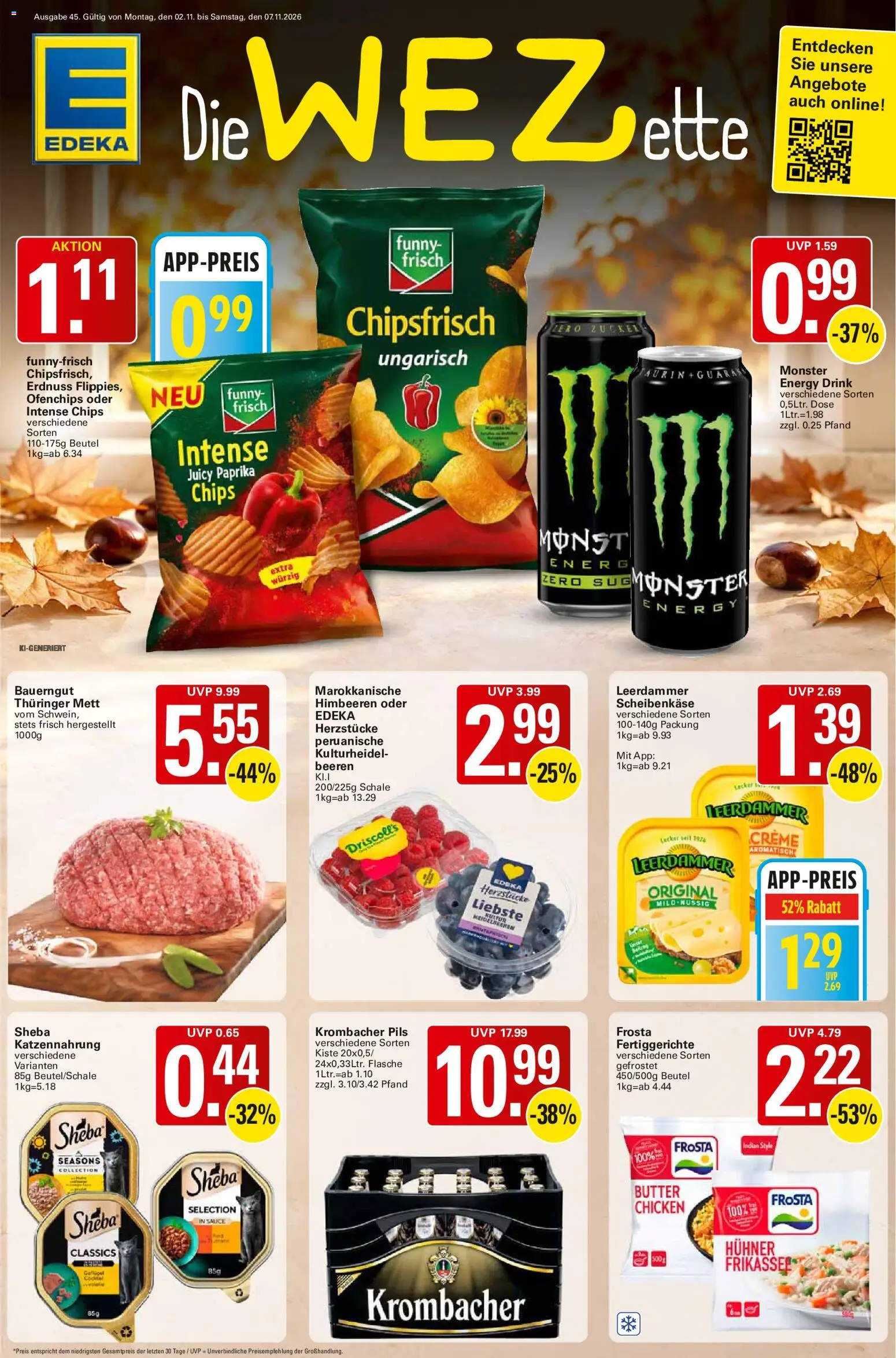 WEZ Prospekt – gültig ab 02.11.2026 | Seite: 1 | Produkte: Leerdammer, Monster, Fertiggerichte, Bauerngut