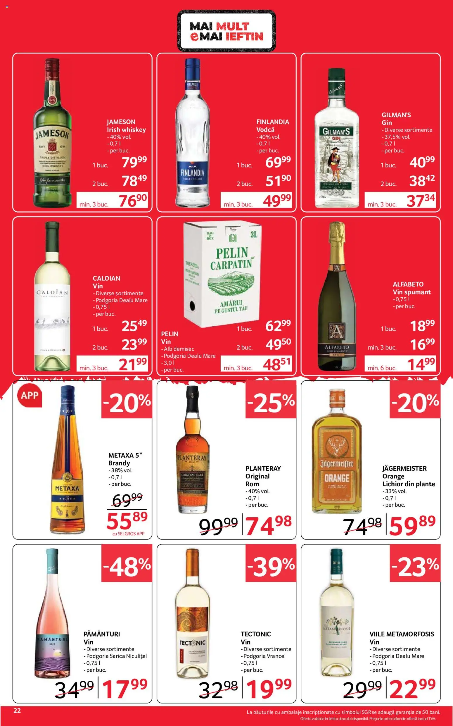 Noul catalog Selgros – valabil de la 04.09.2026 | Pagină: 22 | Produse: Vin spumant, Jameson, Finlandia, Whiskey