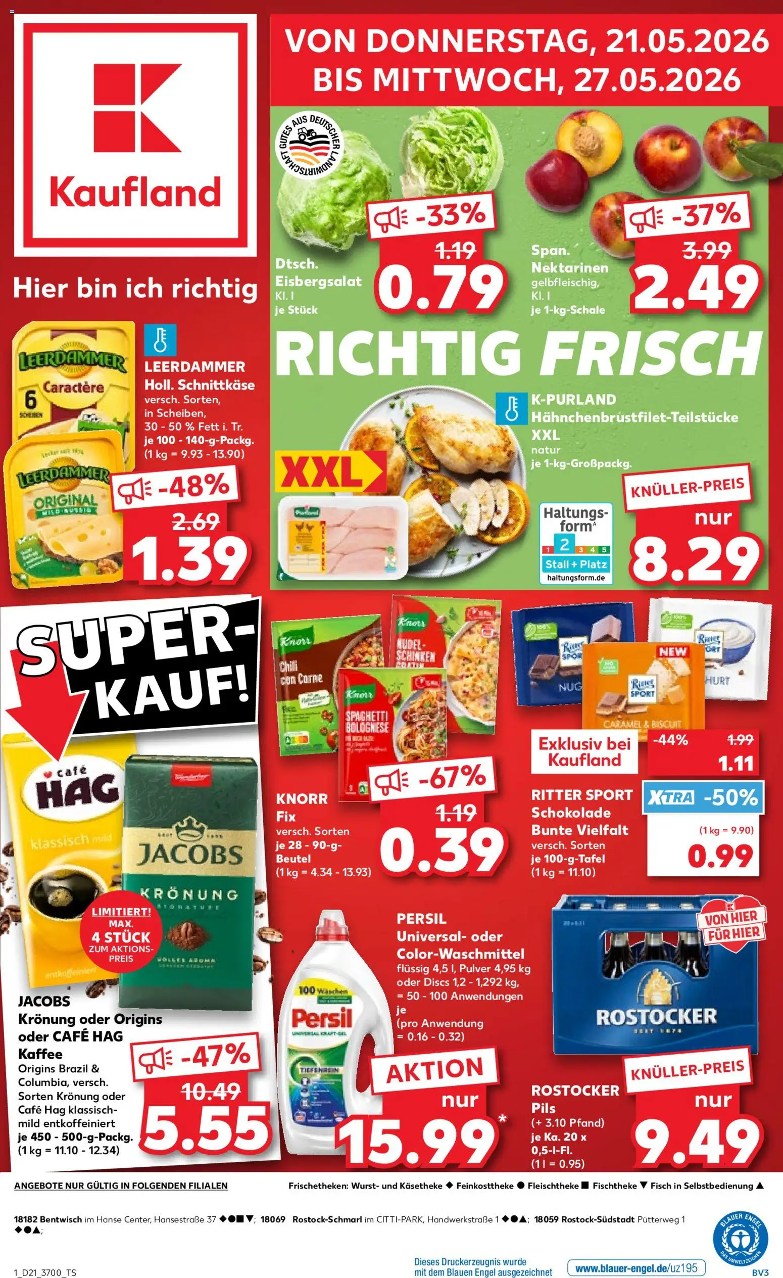 Kaufland Prospekt Rostock	 – gültig ab 21.05.2026 | Seite: 1 | Produkte: Kaffee, Ritter sport, Knorr, Leerdammer