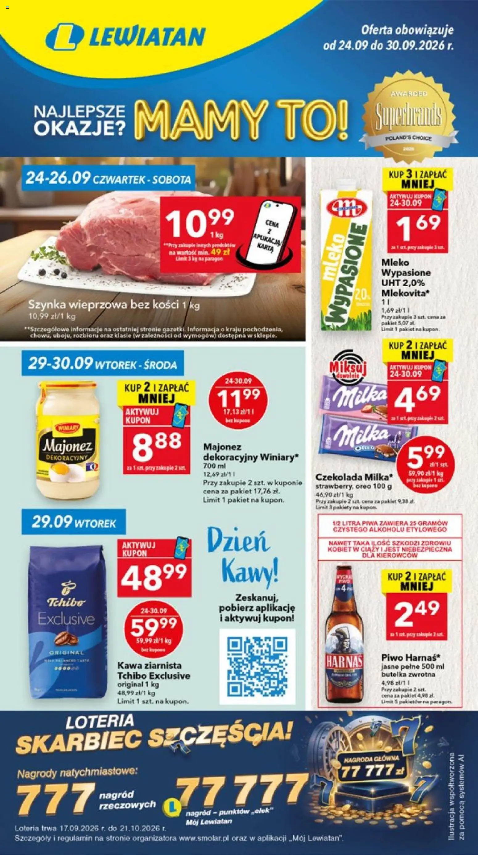 Lewiatan gazetka - Lublin od 24.09.2026 | Strona: 1 | Produkty: Mleko wypasione, Szynka wieprzowa, Szynka, Mleko