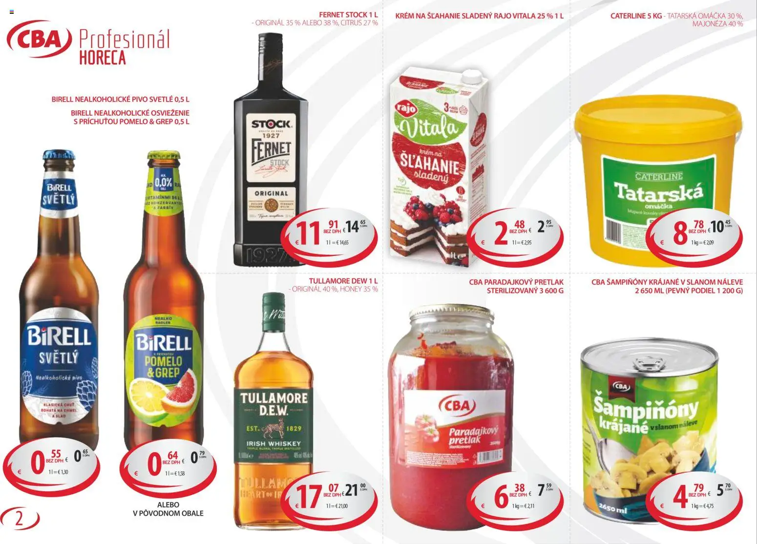 Nové CBA Komfos akcie – leták je platný od 02.03.2026 | Strana: 2 | Produkty: Birell, Šampiňóny, Tatárska omáčka, Fernet Stock