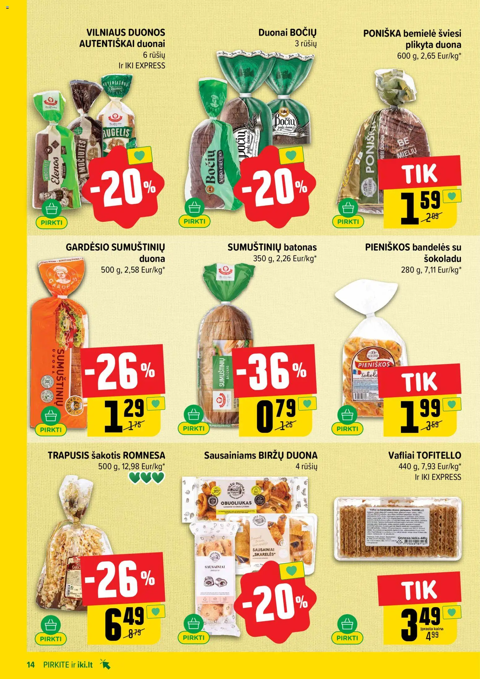 IKI akcijos nuo 2026.08.03 | Puslapis: 14 | Prekių: Sausainiai, Batonas, Duona, Vafliai