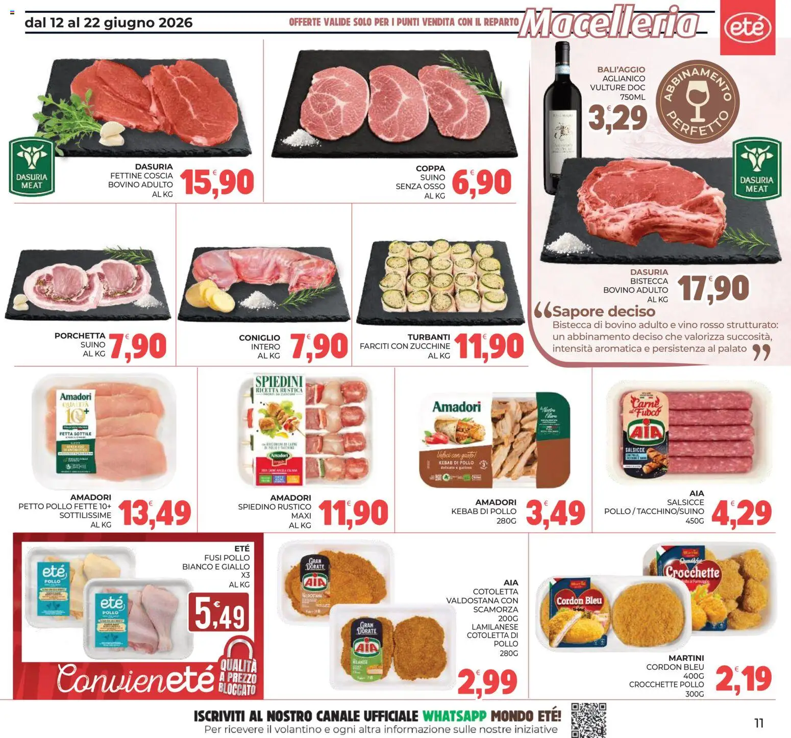 Volantino Eté del 12.06.2026 | Pagina: 11 | Prodotti: Porchetta, Crocchette, Spiedini, Vino rosso