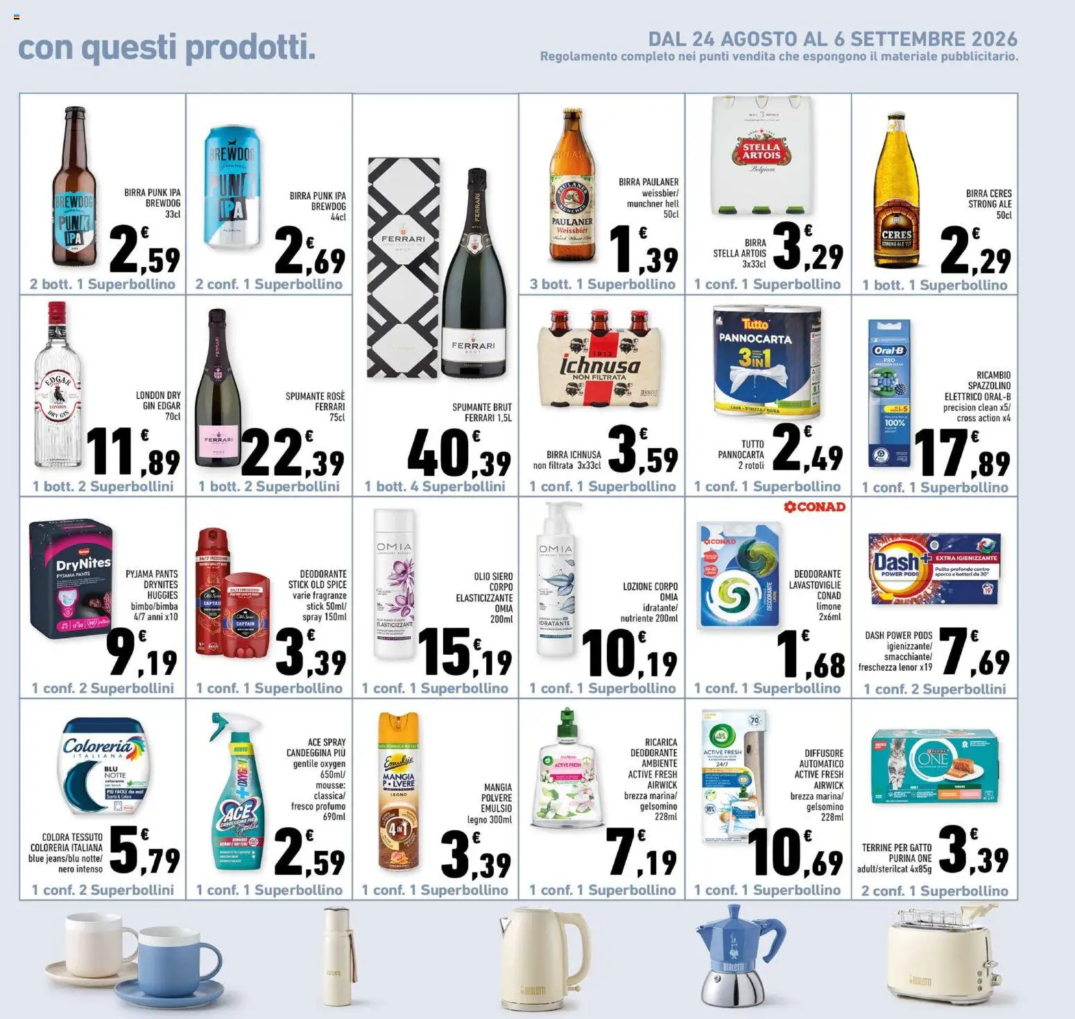 Volantino Conad del 26/08/2026 | Pagina: 21 | Prodotti: Spazzolino, Candeggina, Lavatrice, Ferrari spumante