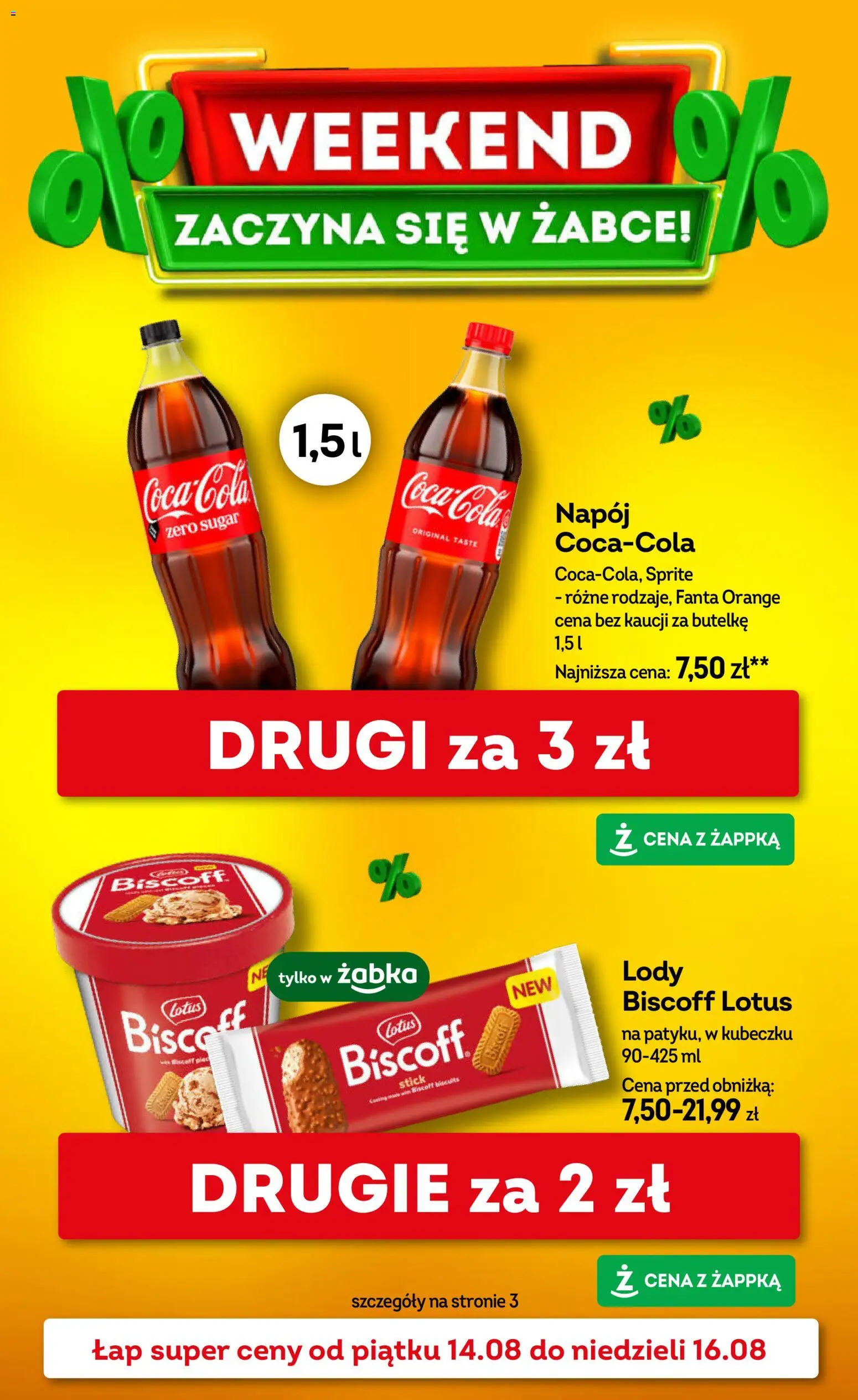 Żabka gazetka - Weekendowe promocje od 14.08.2026 | Strona: 1 | Produkty: Sprite, Fanta, Lotus, Lody