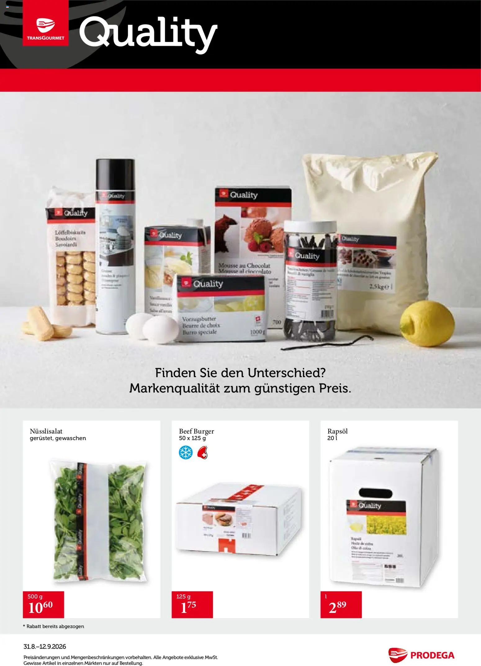 Prodega aktionen Transgourmet Quality – gültig ab 31.08.2026 | Seite: 1 | Produkte: Rapsöl, Burger