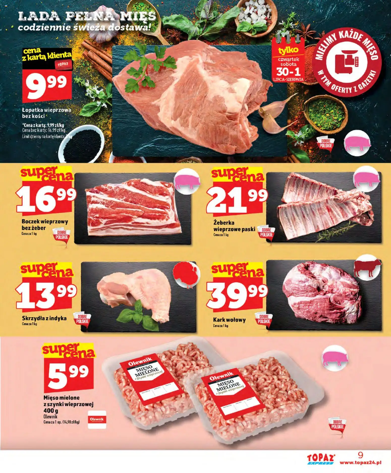 Topaz gazetka - Express od 30.07.2026 | Strona: 9 | Produkty: Mięso mielone z szynki, Mięso mielone, Boczek, Łopatka wieprzowa