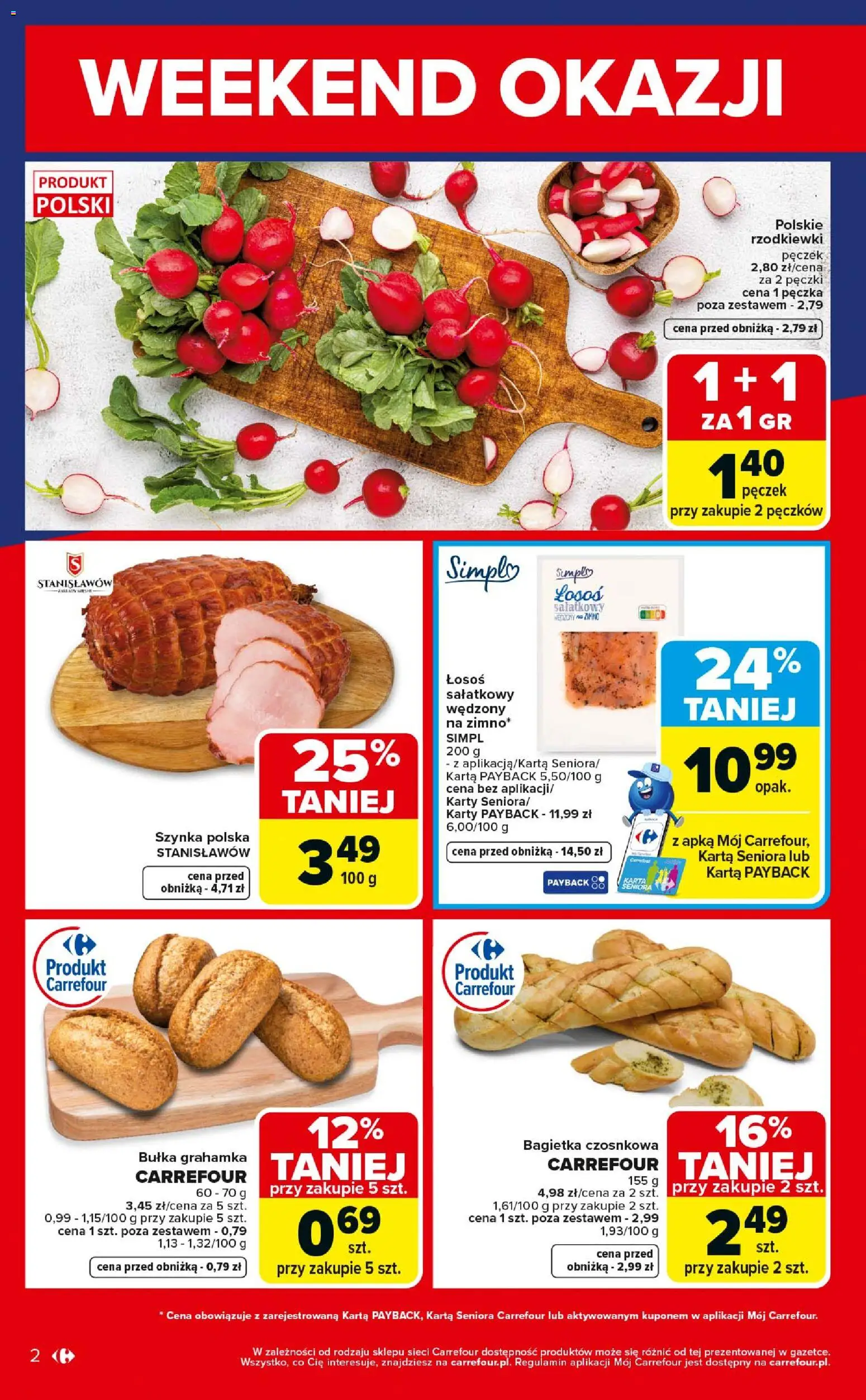 Carrefour gazetka - Weekend okazji od 21.05.2026 | Strona: 2 | Produkty: Szynka, Bagietka czosnkowa, Bułka, Bagietka
