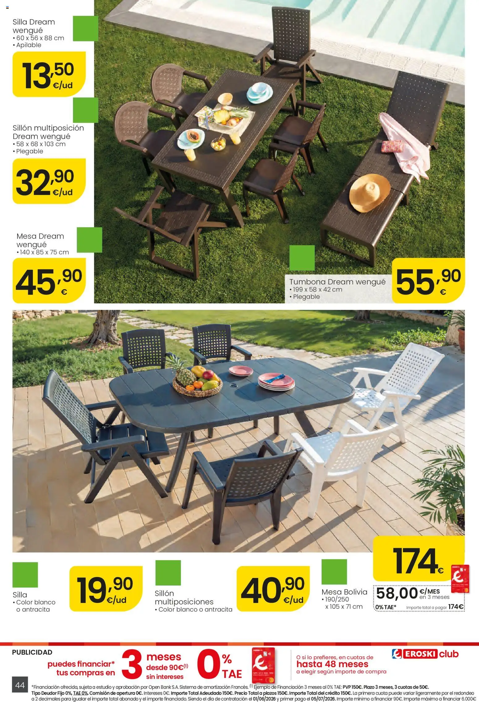 Eroski Ofertones de verano │ válido desde el 28.05.2026 | Página: 44 | Productos: Tumbona, Sillón, Mesa, Silla