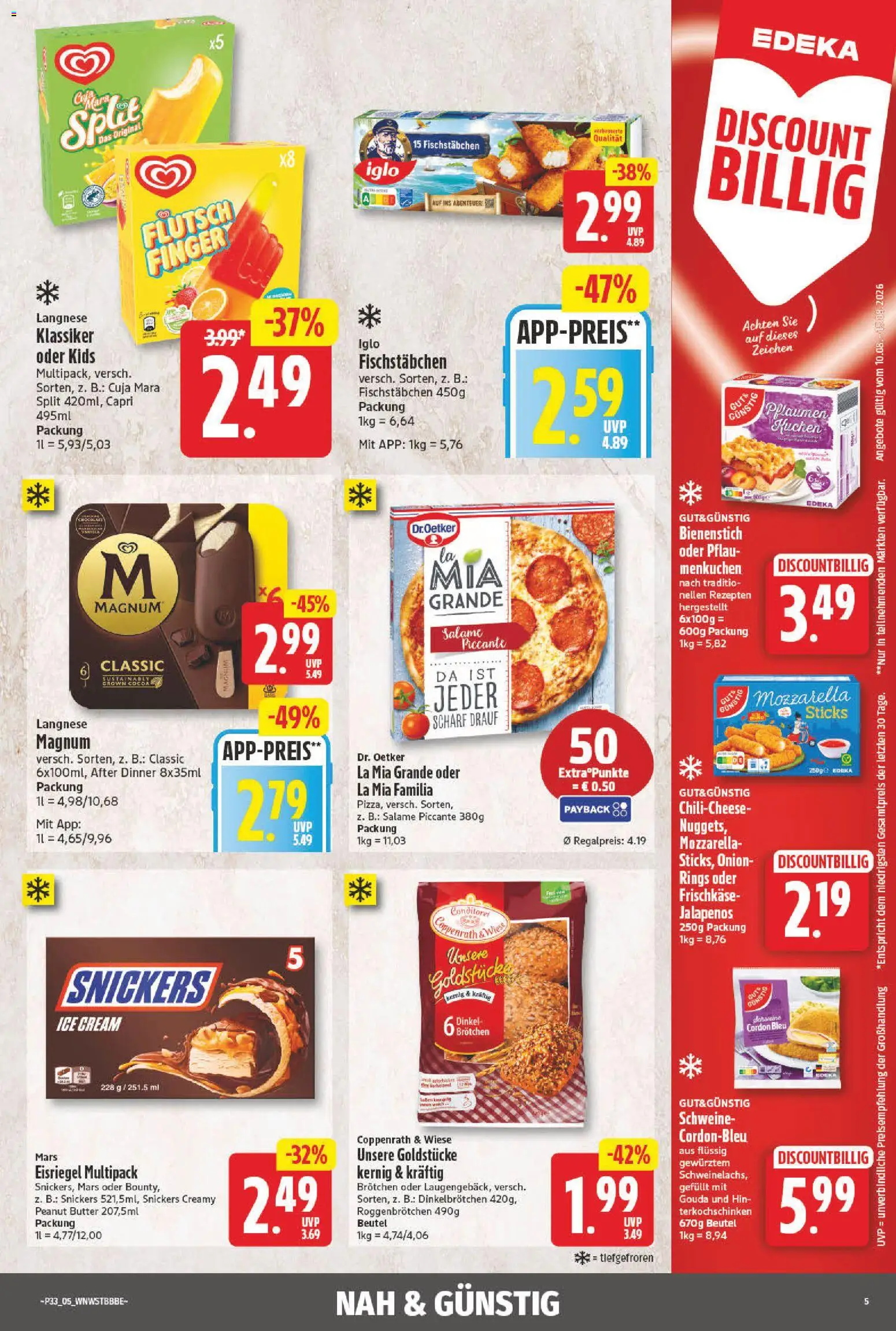NP Discount Prospekt – gültig ab 10.08.2026 | Seite: 5 | Produkte: Langnese, Butter, Mozzarella, Snickers