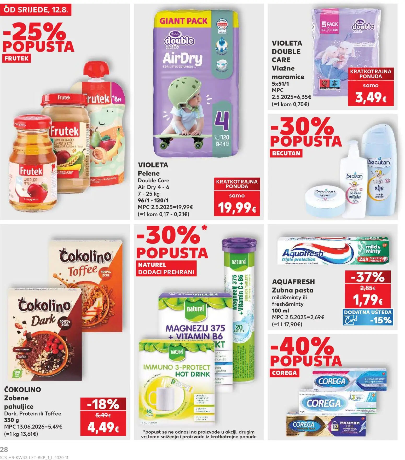 Kaufland HR akciós ujság - amely érvényes a következő dátumtól: 2026.08.12. | Oldal: 28 | Termékek: Vitamin, Krém, Aquafresh, Protein