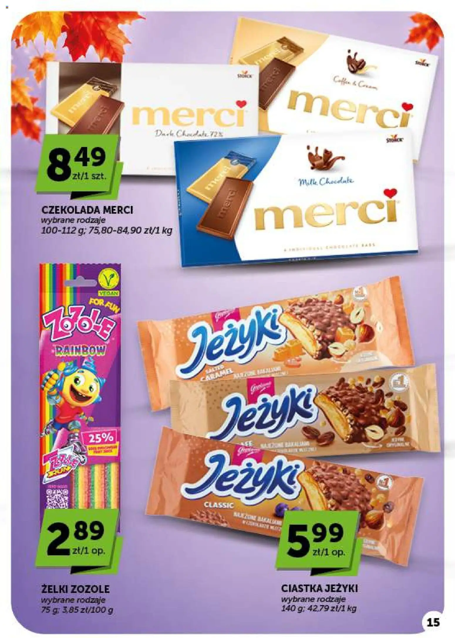 ABC gazetka - Minimarket od 22.10.2026 | Strona: 15 | Produkty: Ciastka Jeżyki, Merci, Żelki, Czekolada