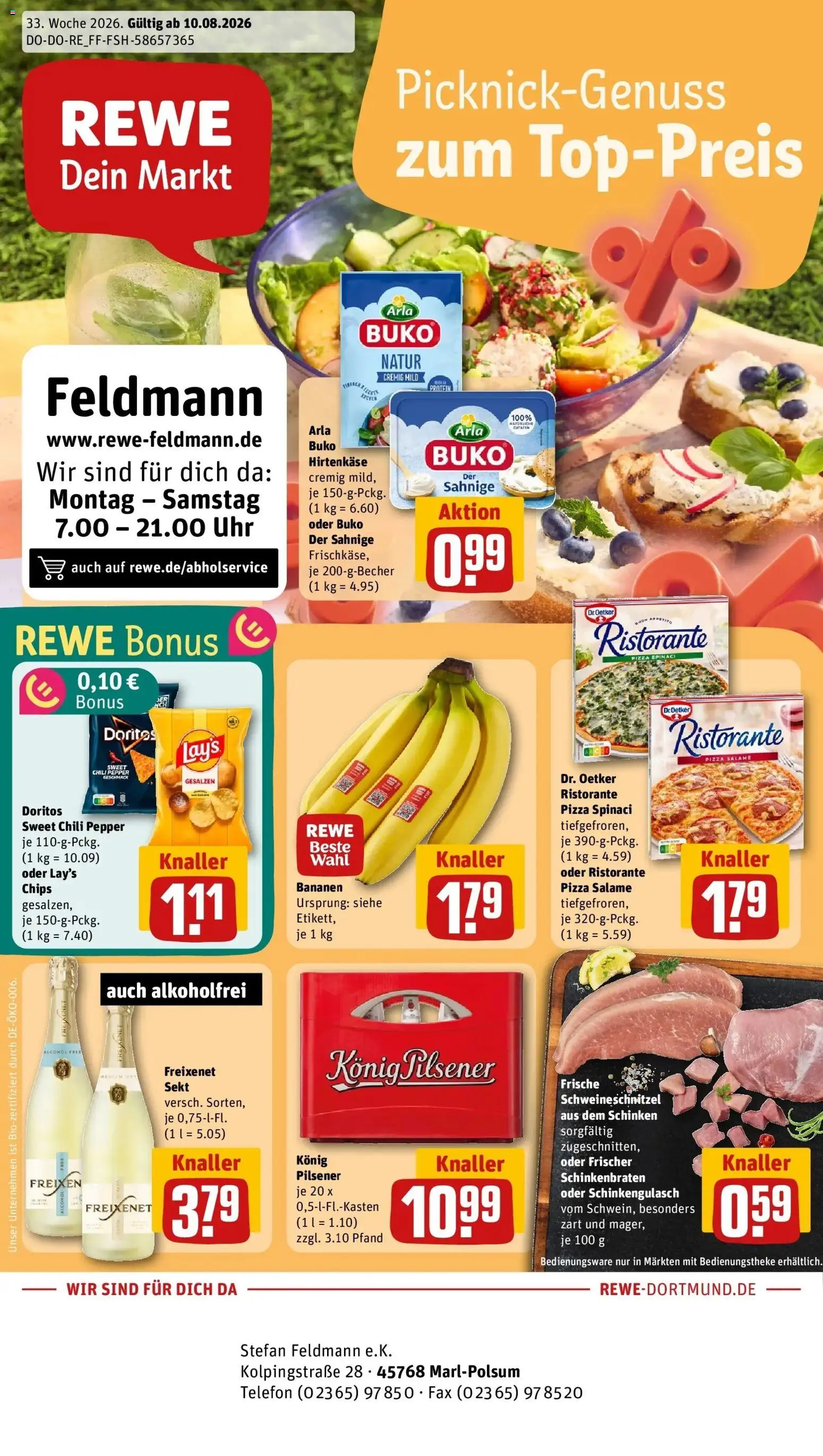 REWE Prospekt ab 10.08.2026 zum Blättern » Angebote | Seite: 1 | Produkte: Sekt, Pizza, Chips, Uhr