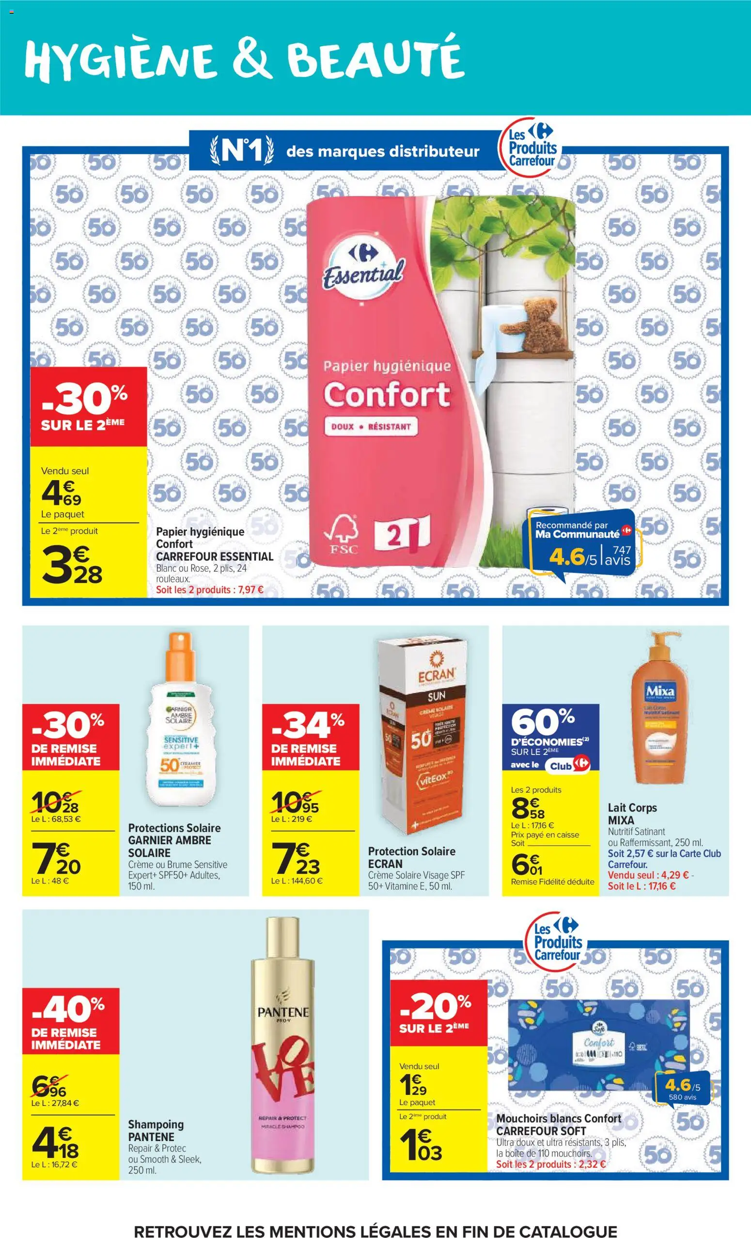 {H1} | Page: 48 | Produits: Shampoing, Crème solaire, Mouchoirs, Lait