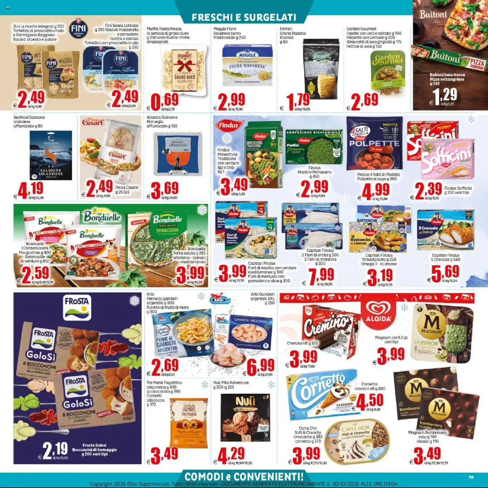 Volantino Elite Supermercati del 30/10/2026 | Pagina: 13 | Prodotti: Pizza, Pasta, Parmigiano reggiano, Omega 3