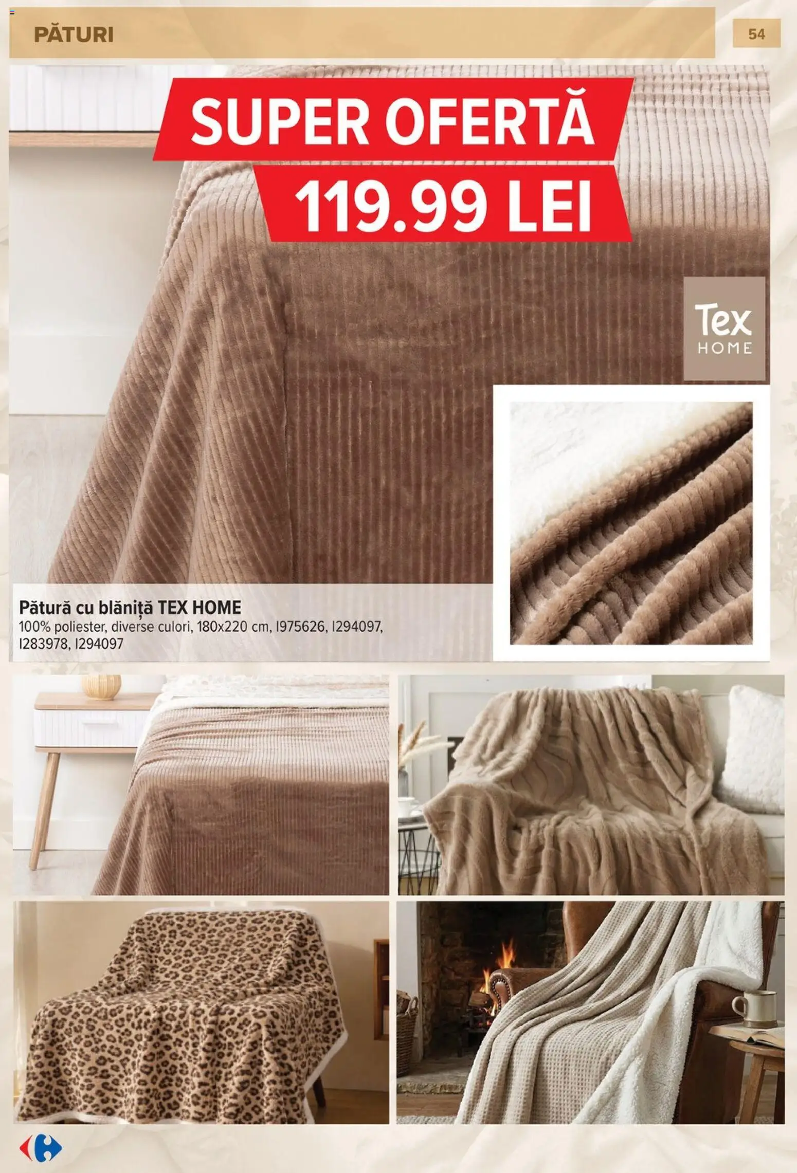 Noul catalog Carrefour – valabil de la 23.09.2026 | Pagină: 54 | Produse: Pătură, Tex