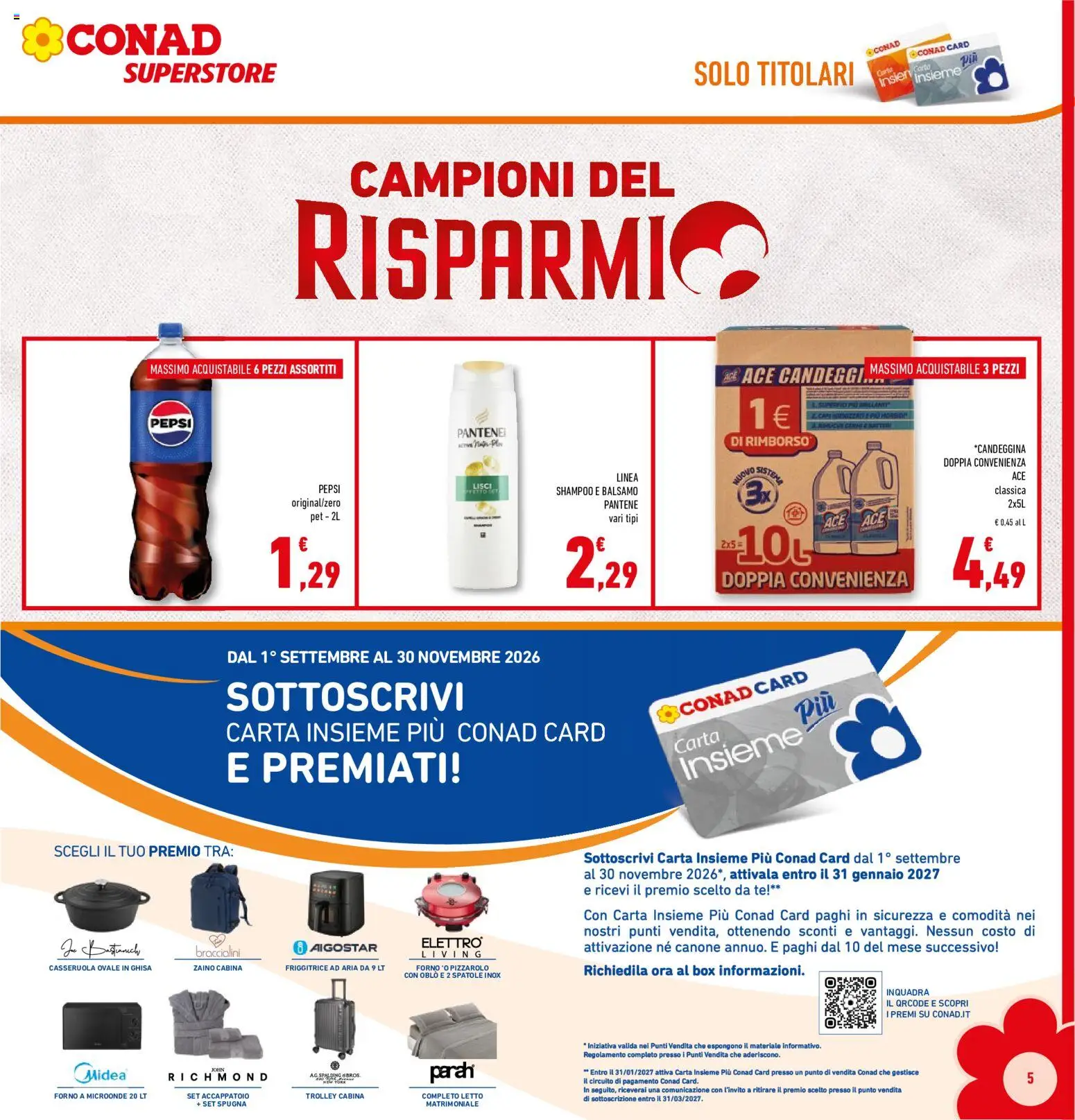 Volantino Conad del 09/09/2026 | Pagina: 5 | Prodotti: Spugna, Shampoo, Zaino, Forno a microonde