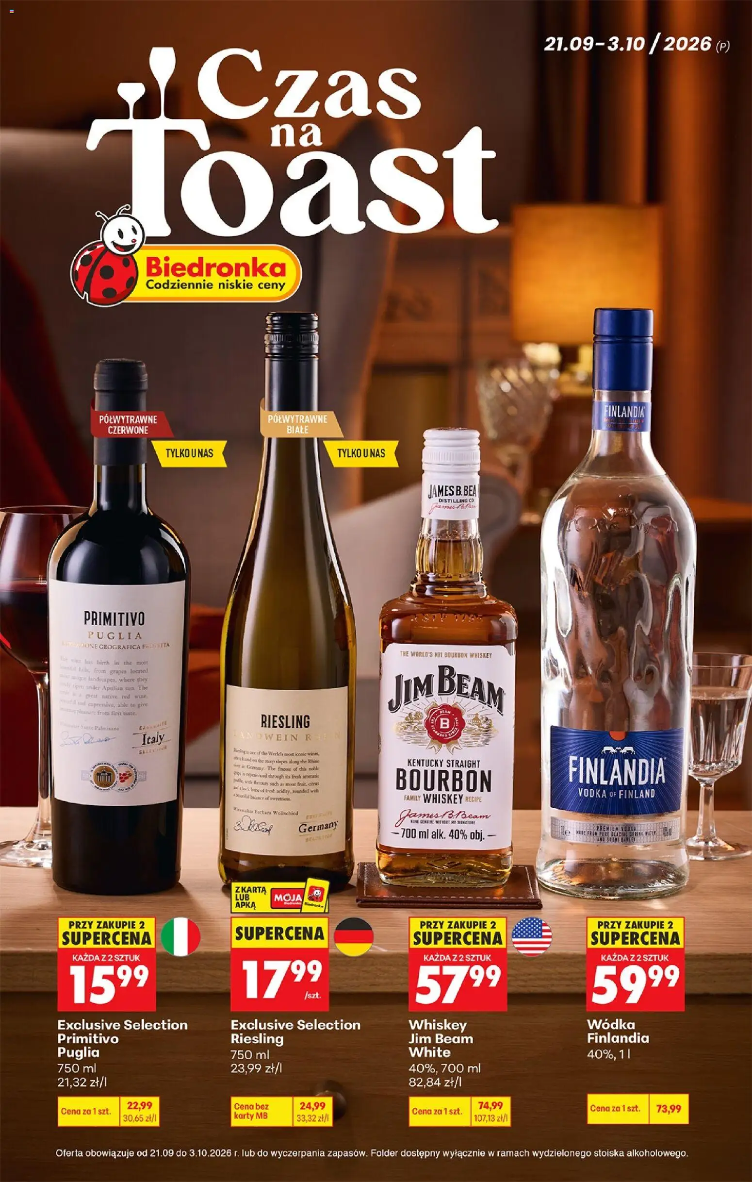 Biedronka gazetka - Czas na toast od 21.09.2026 | Strona: 1 | Produkty: Karta, Riesling, Jim Beam, Wódka