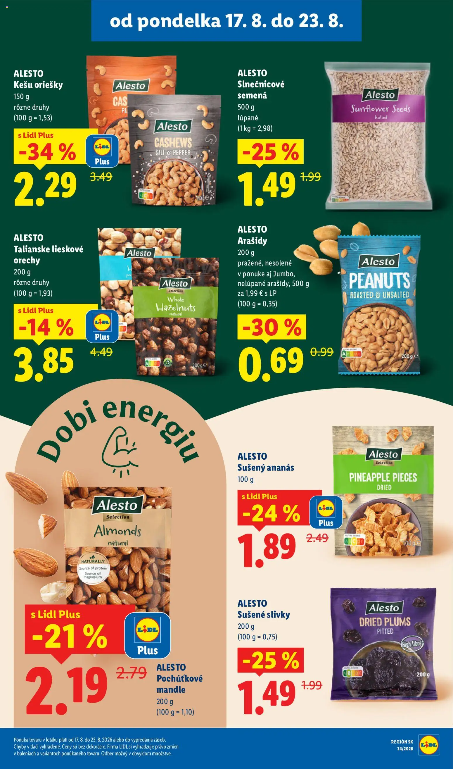 Nové Lidl akcie – leták je platný od 17.08.2026 | Strana: 39 | Produkty: Protein, Oriešky, Orechy, Slivky